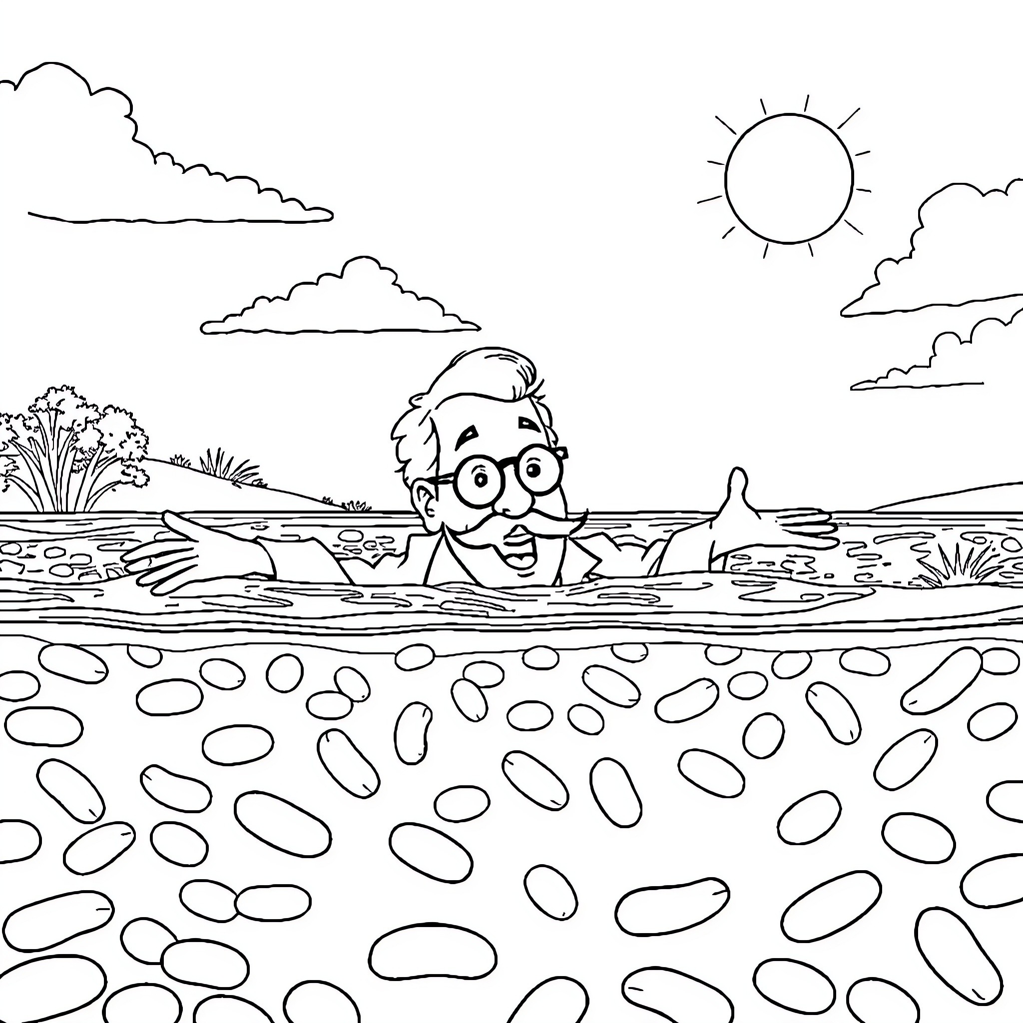 Dr. Watson swimming in a river on a sunny day Coloring Page (free black-and-white line drawing printable PDF for all, from beginners to advanced learners, including children, teens, adults, and seniors)