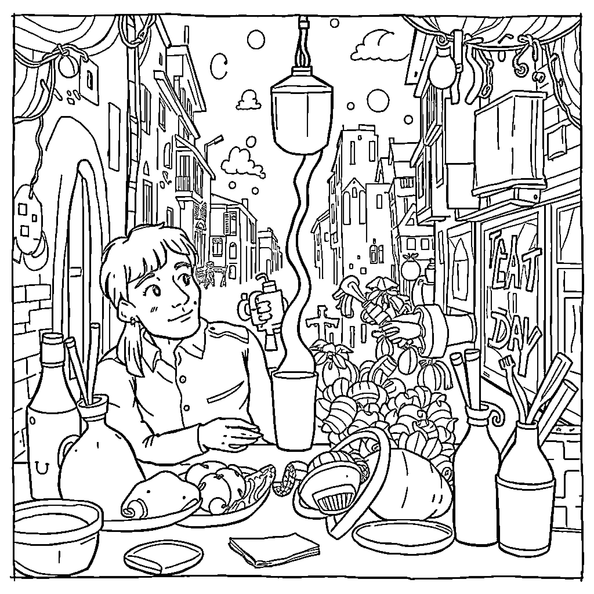 Italian Street Vendor Serving Food in Bustling Alley Coloring Page (free black-and-white line drawing printable PDF for all, from beginners to advanced learners, including children, teens, adults, and seniors)