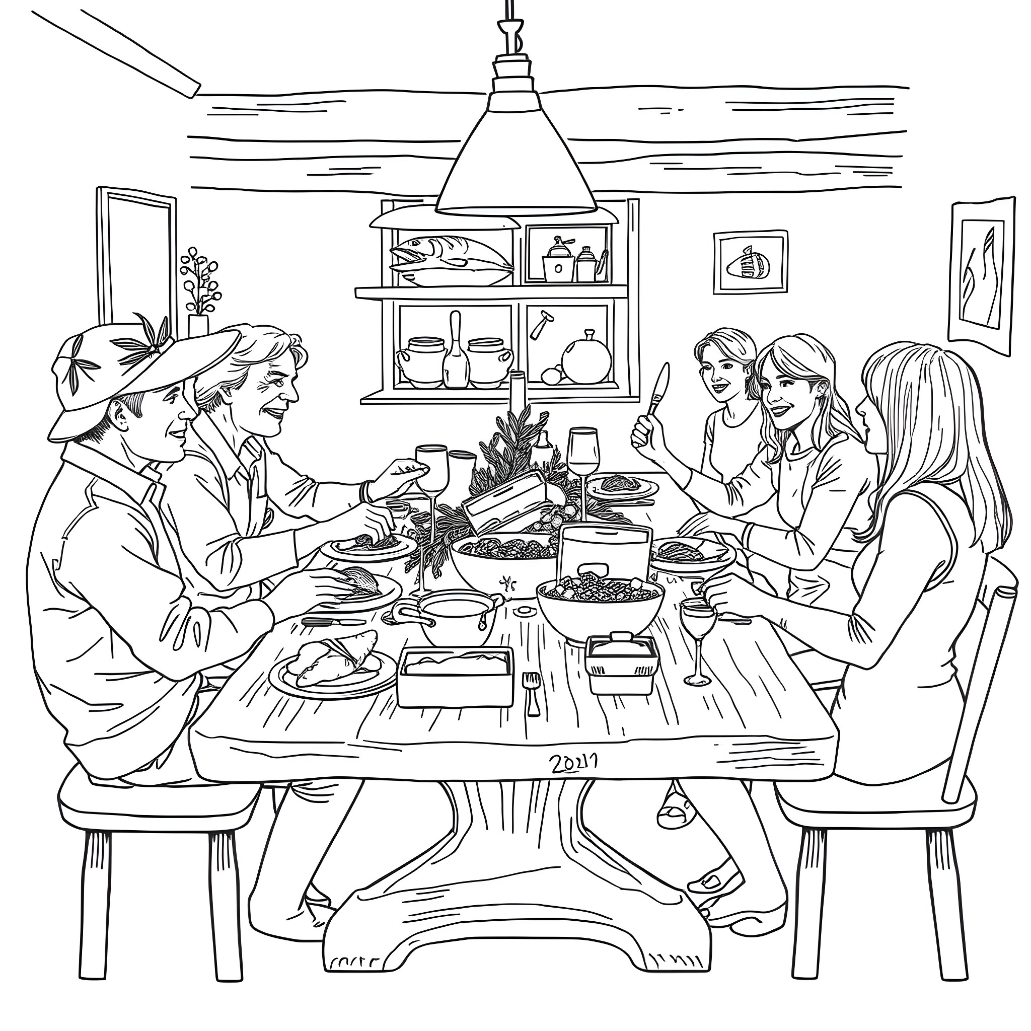 Coworkers enjoying a meal together in the office Coloring Page (free black-and-white line drawing printable PDF for all, from beginners to advanced learners, including children, teens, adults, and seniors)