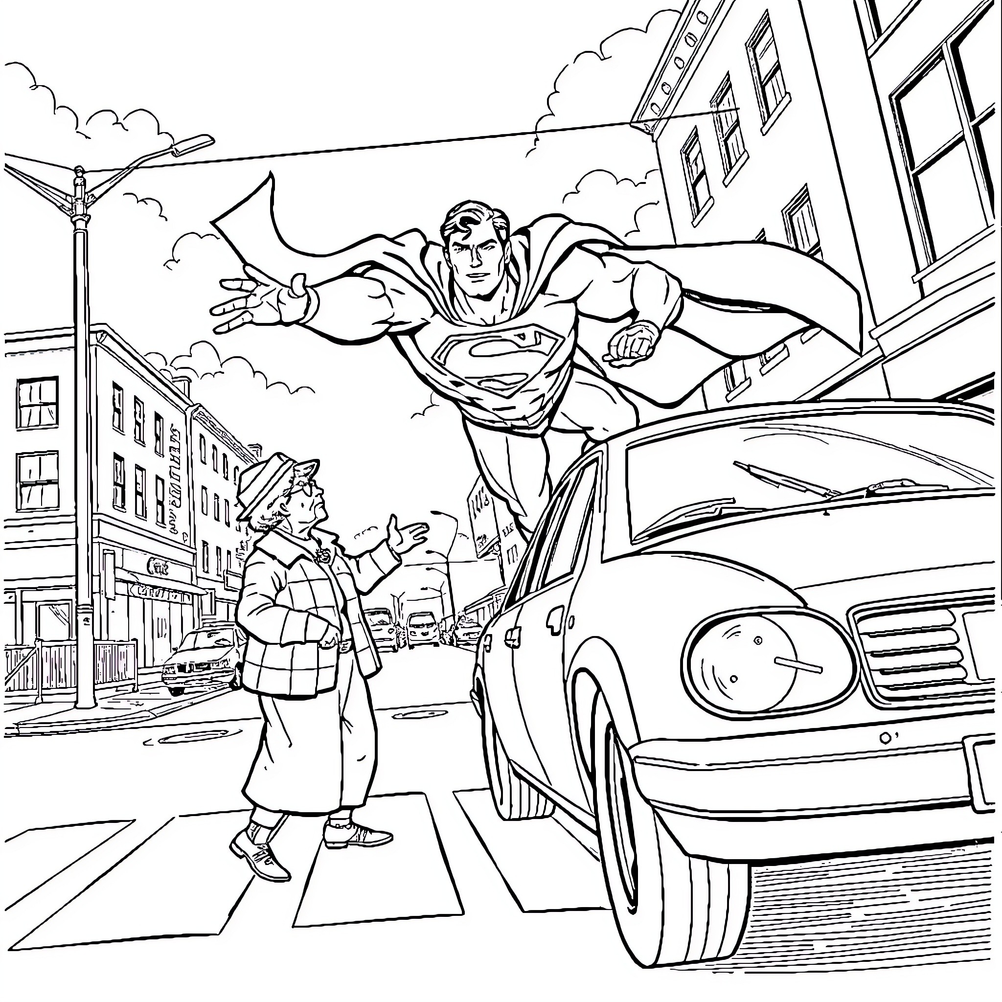 Superman heroically flying over the city Coloring Page (free black-and-white line drawing printable PDF for all, from beginners to advanced learners, including children, teens, adults, and seniors)