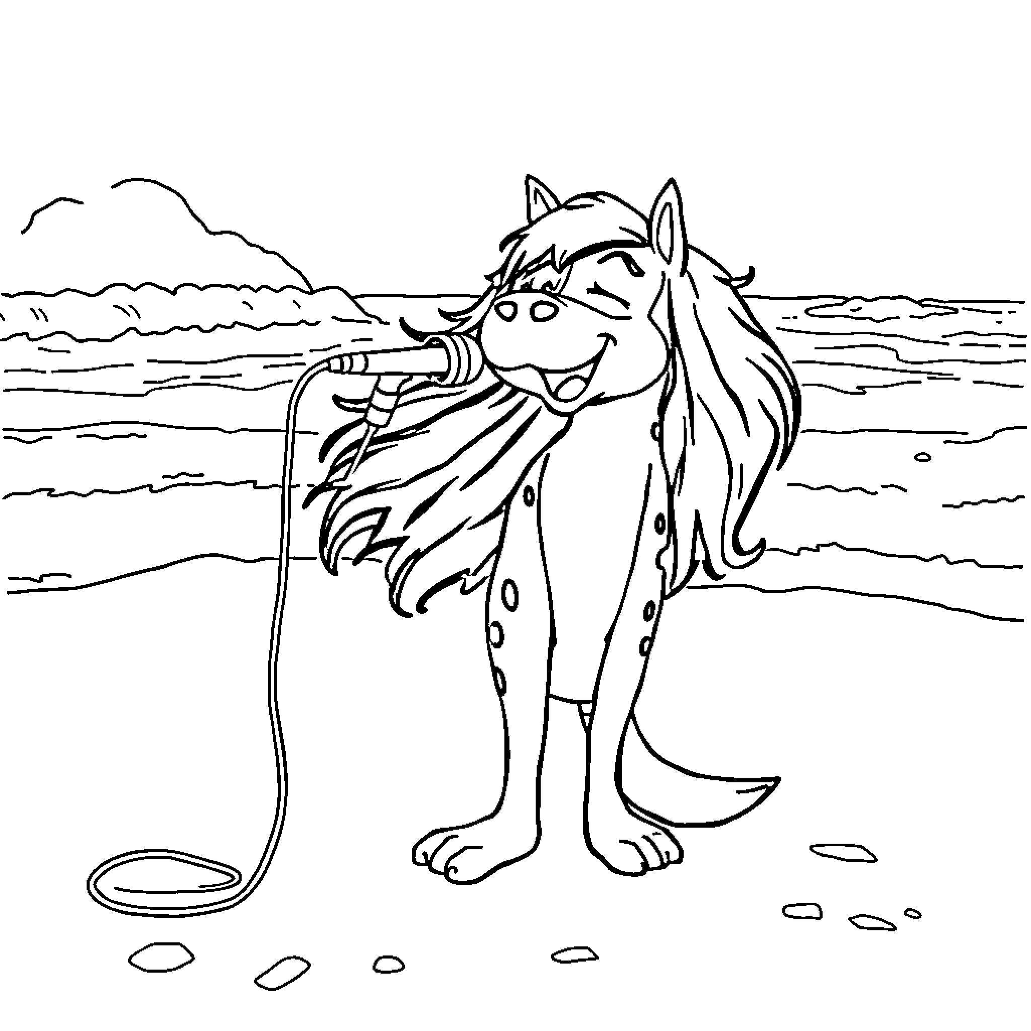 Huntrix Performing on the Beach Coloring Page (free black-and-white line drawing printable PDF for all, from beginners to advanced learners, including children, teens, adults, and seniors)
