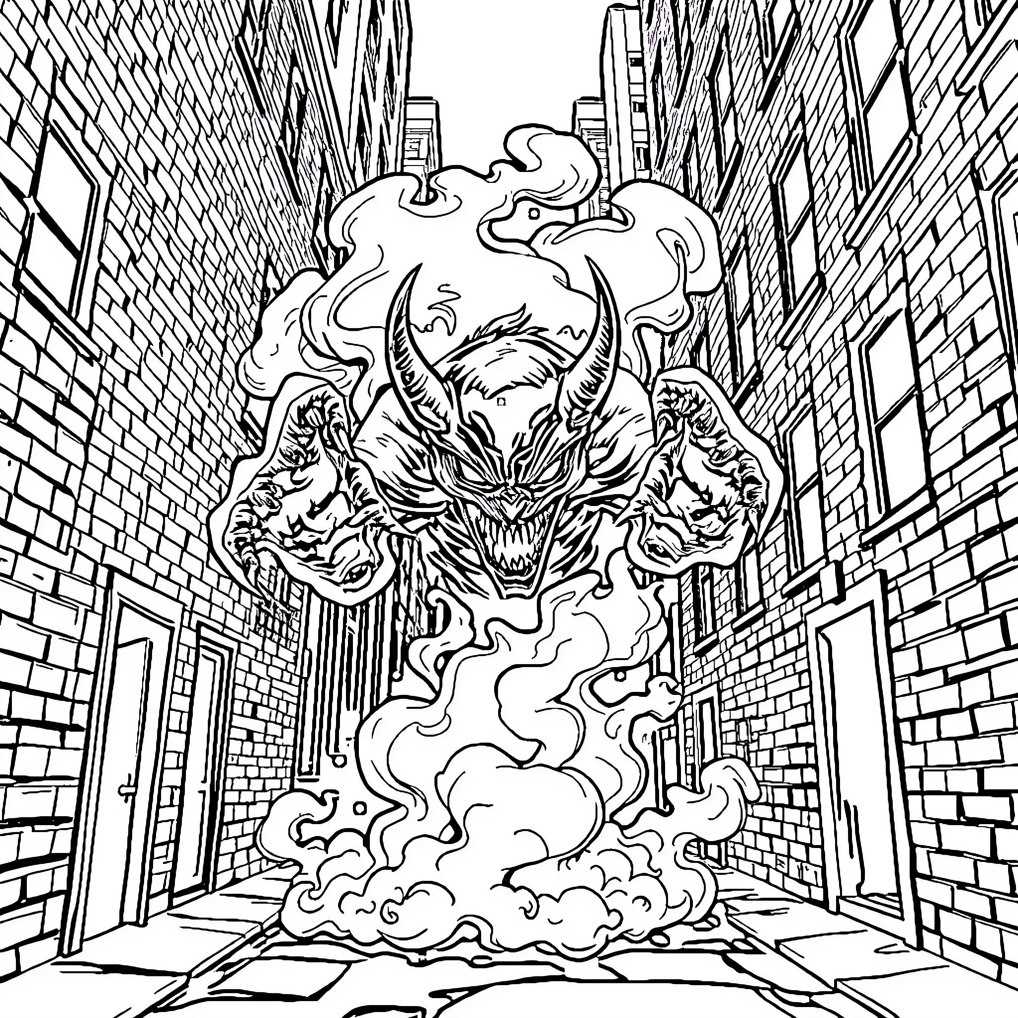 Creature emerging from the shadows in an urban alley Coloring Page (free black-and-white line drawing printable PDF for all, from beginners to advanced learners, including children, teens, adults, and seniors)