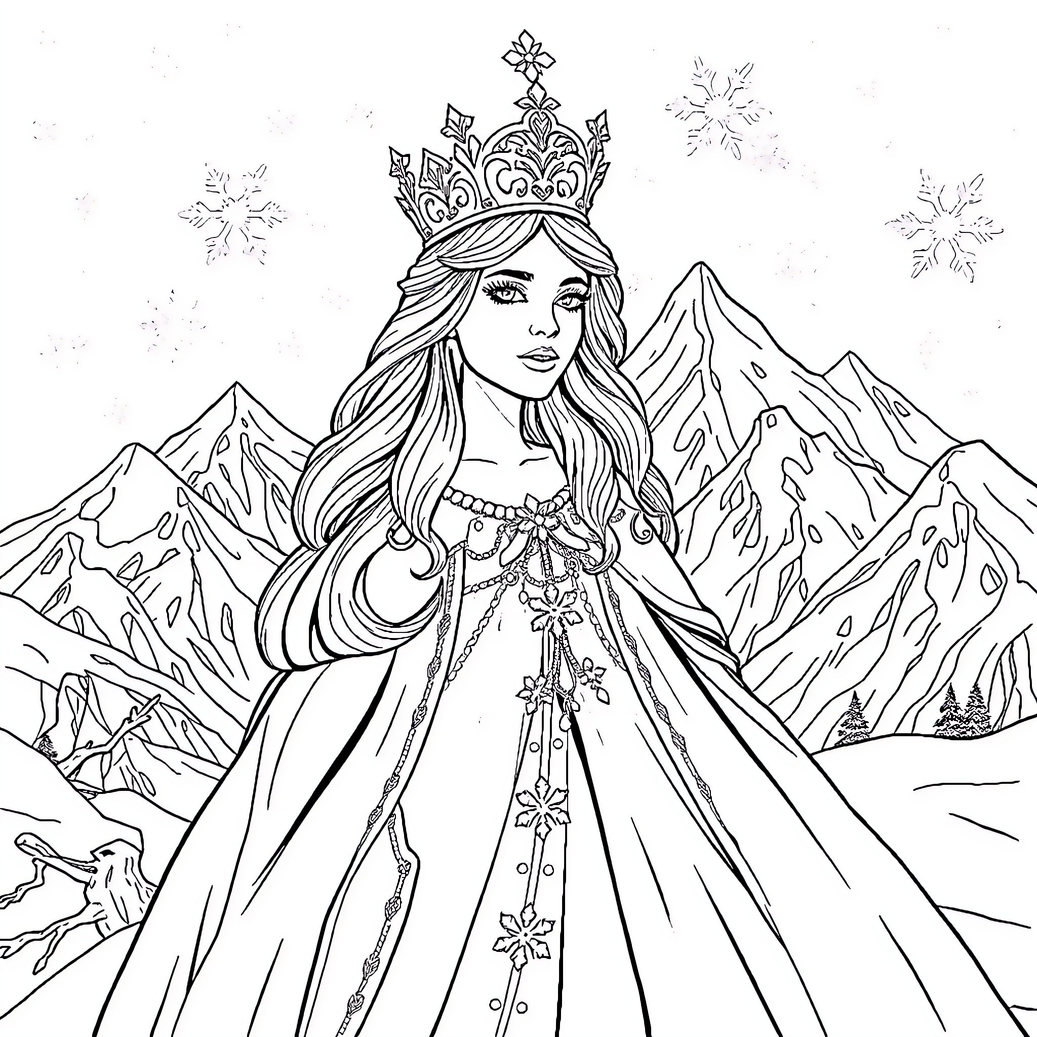 Snow Queen in a Majestic Winter Landscape Coloring Page (free black-and-white line drawing printable PDF for all, from beginners to advanced learners, including children, teens, adults, and seniors)