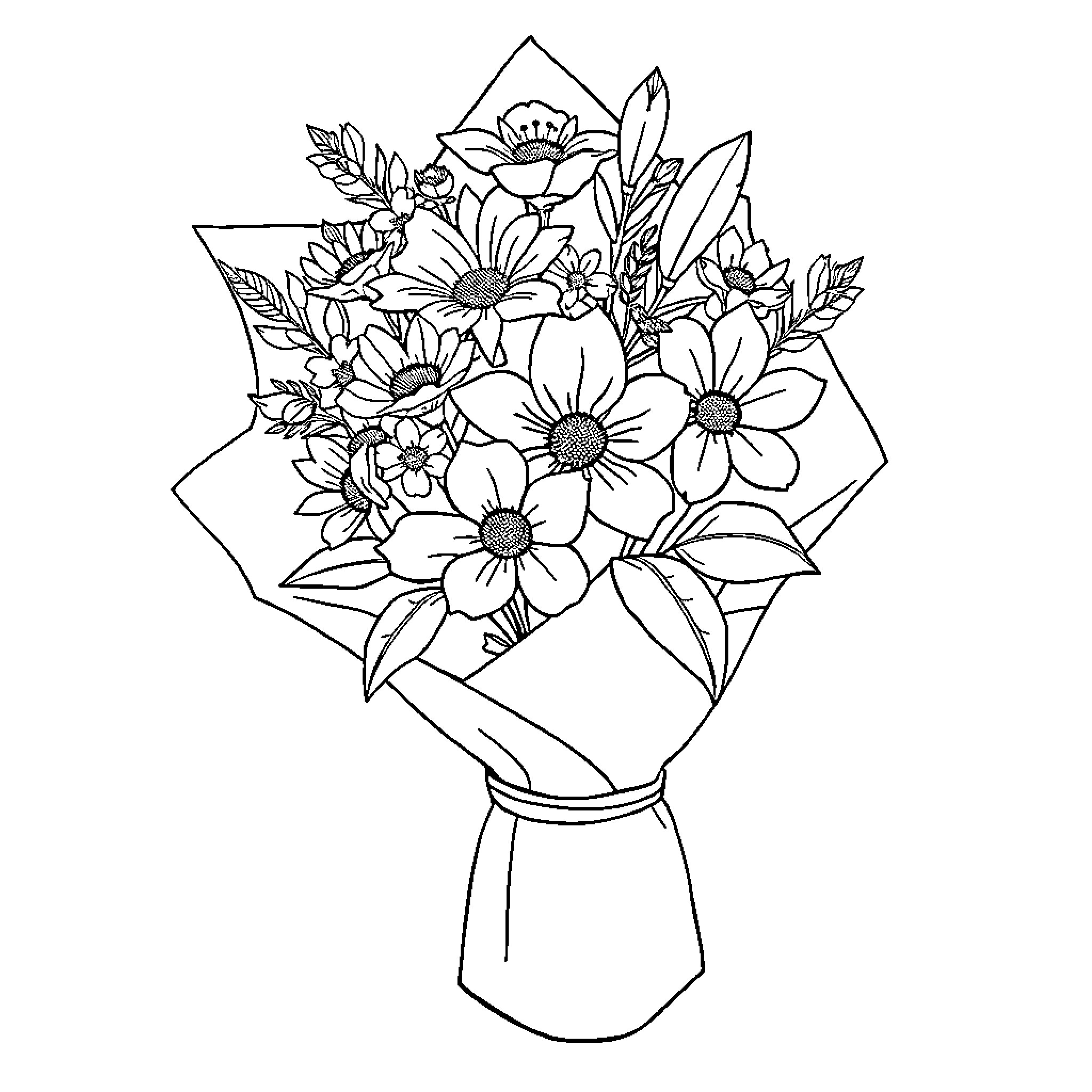 Flower bouquet in geometric vase Coloring Page (free black-and-white line drawing printable PDF for all, from beginners to advanced learners, including children, teens, adults, and seniors)