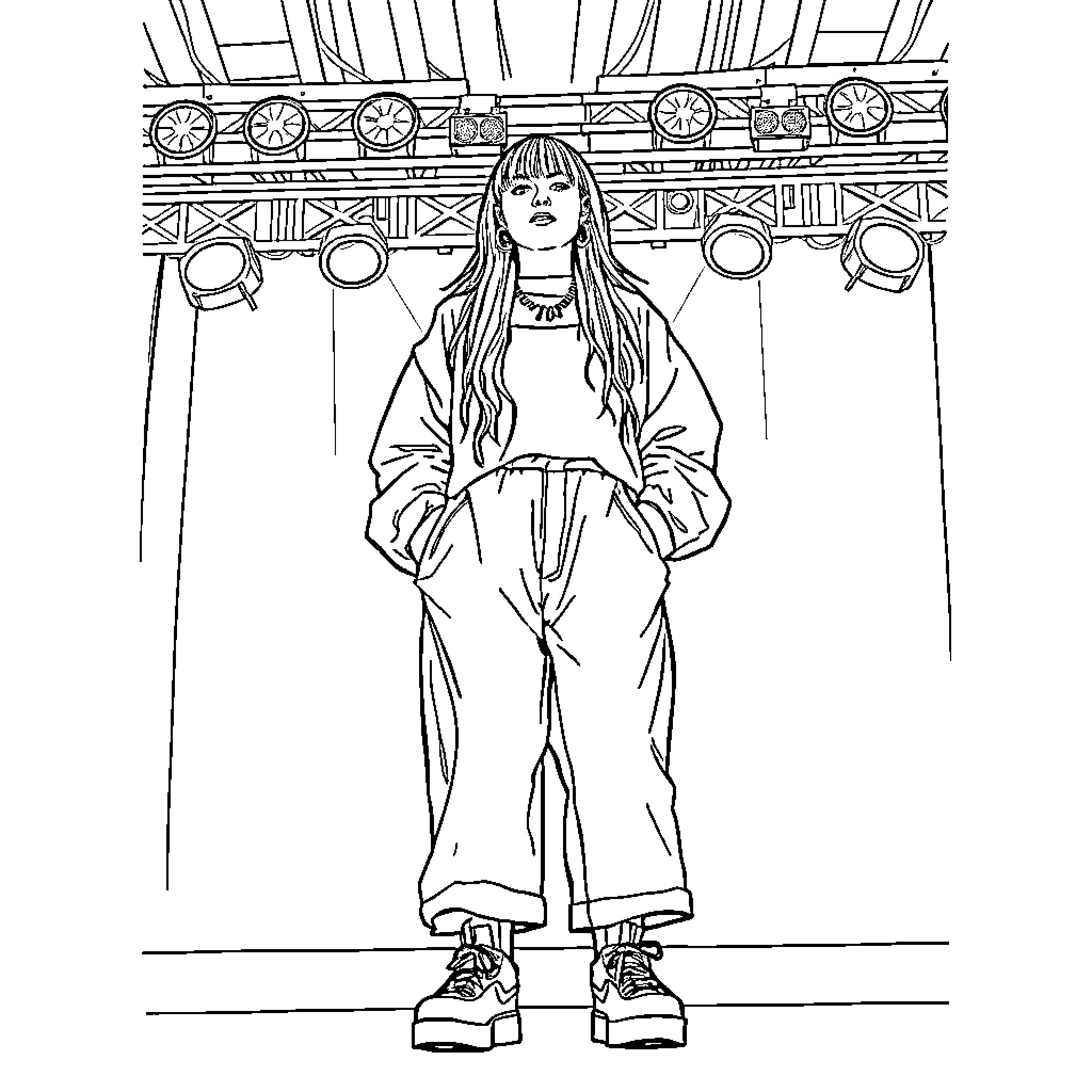 Billie Eilish standing in a surreal stage setting Coloring Page (free black-and-white line drawing printable PDF for all, from beginners to advanced learners, including children, teens, adults, and seniors)
