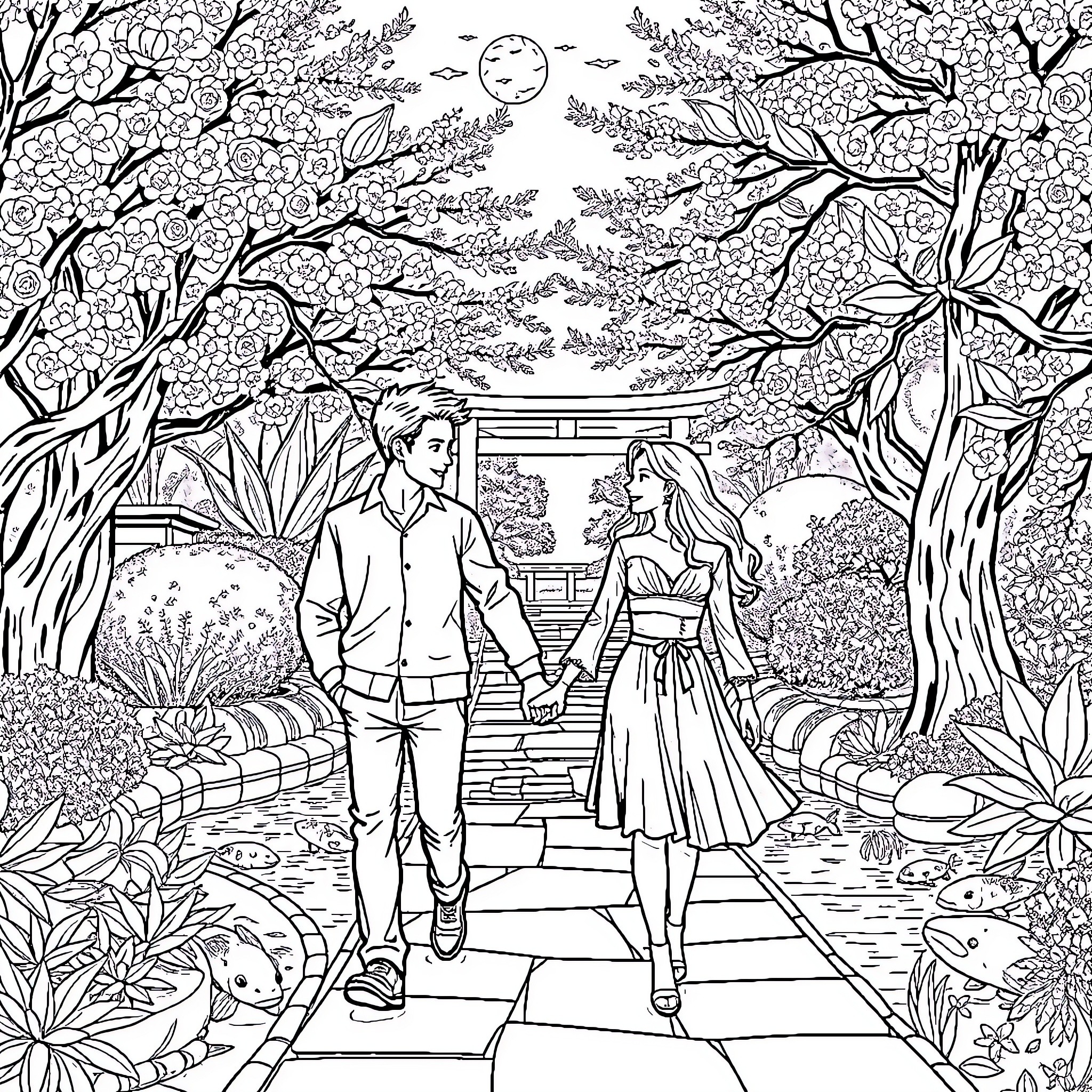 Couple strolling through a whimsical garden Coloring Page (free black-and-white line drawing printable PDF for all, from beginners to advanced learners, including children, teens, adults, and seniors)