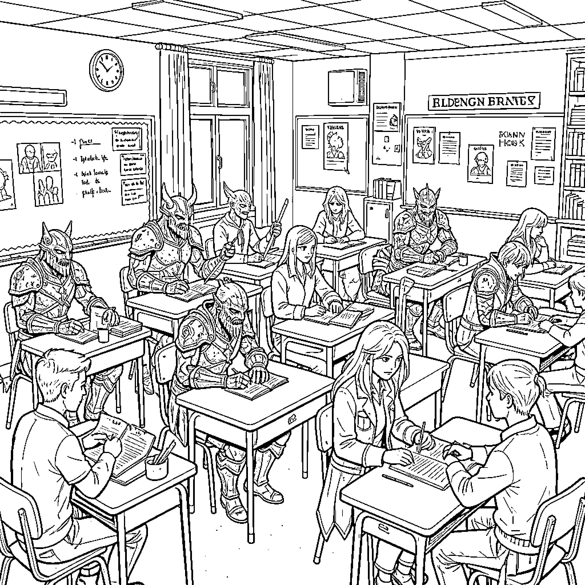 Boss fantasy characters attending a classroom lesson Coloring Page (free black-and-white line drawing printable PDF for all, from beginners to advanced learners, including children, teens, adults, and seniors)