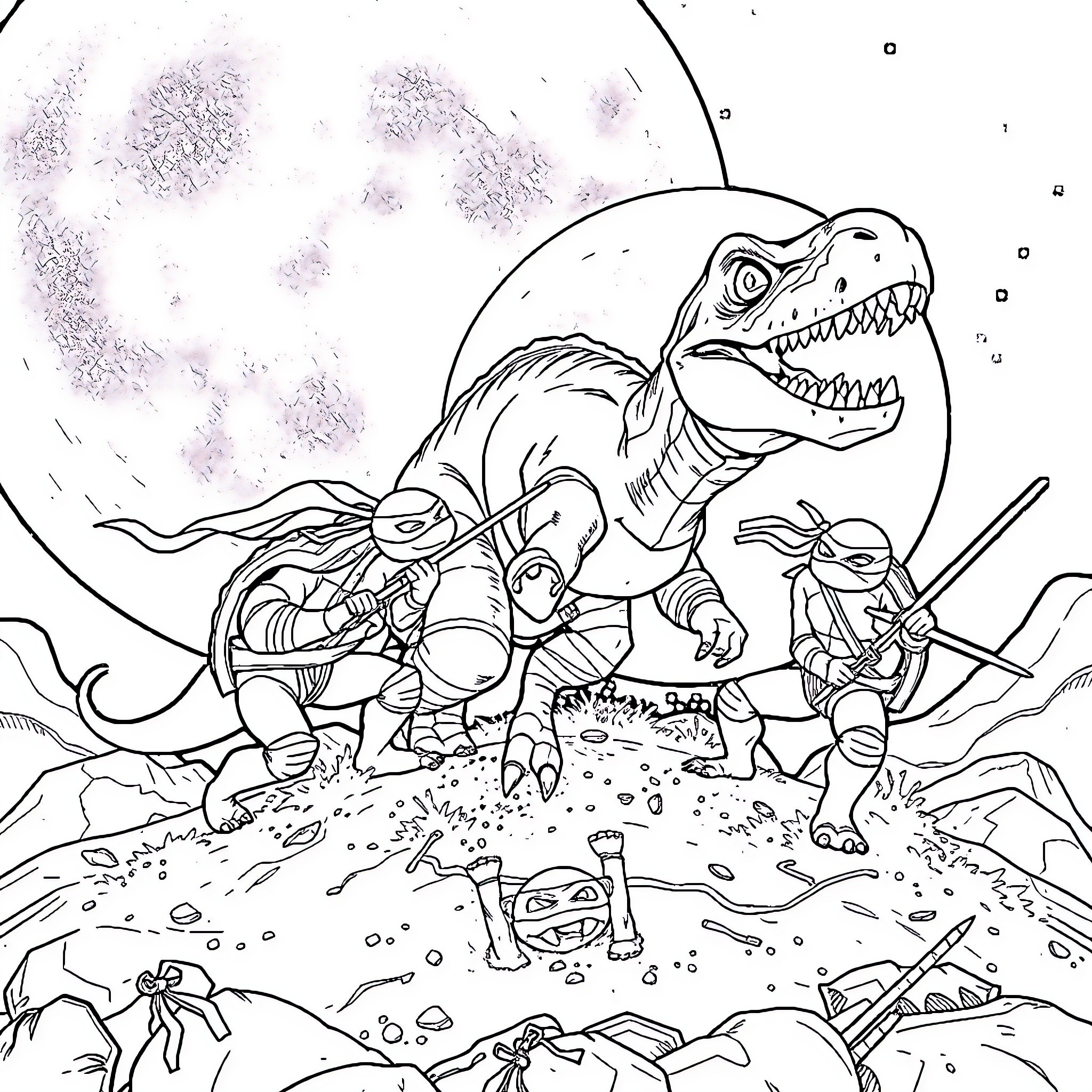 Teenage Mutant Ninja Turtle exploring prehistoric landscape Coloring Page (free black-and-white line drawing printable PDF for all, from beginners to advanced learners, including children, teens, adults, and seniors)