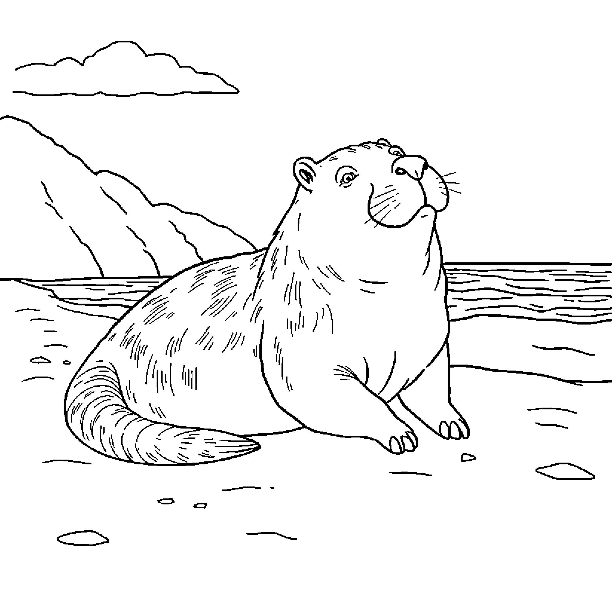 Capybara enjoying the tranquil seashore Coloring Page (free black-and-white line drawing printable PDF for all, from beginners to advanced learners, including children, teens, adults, and seniors)