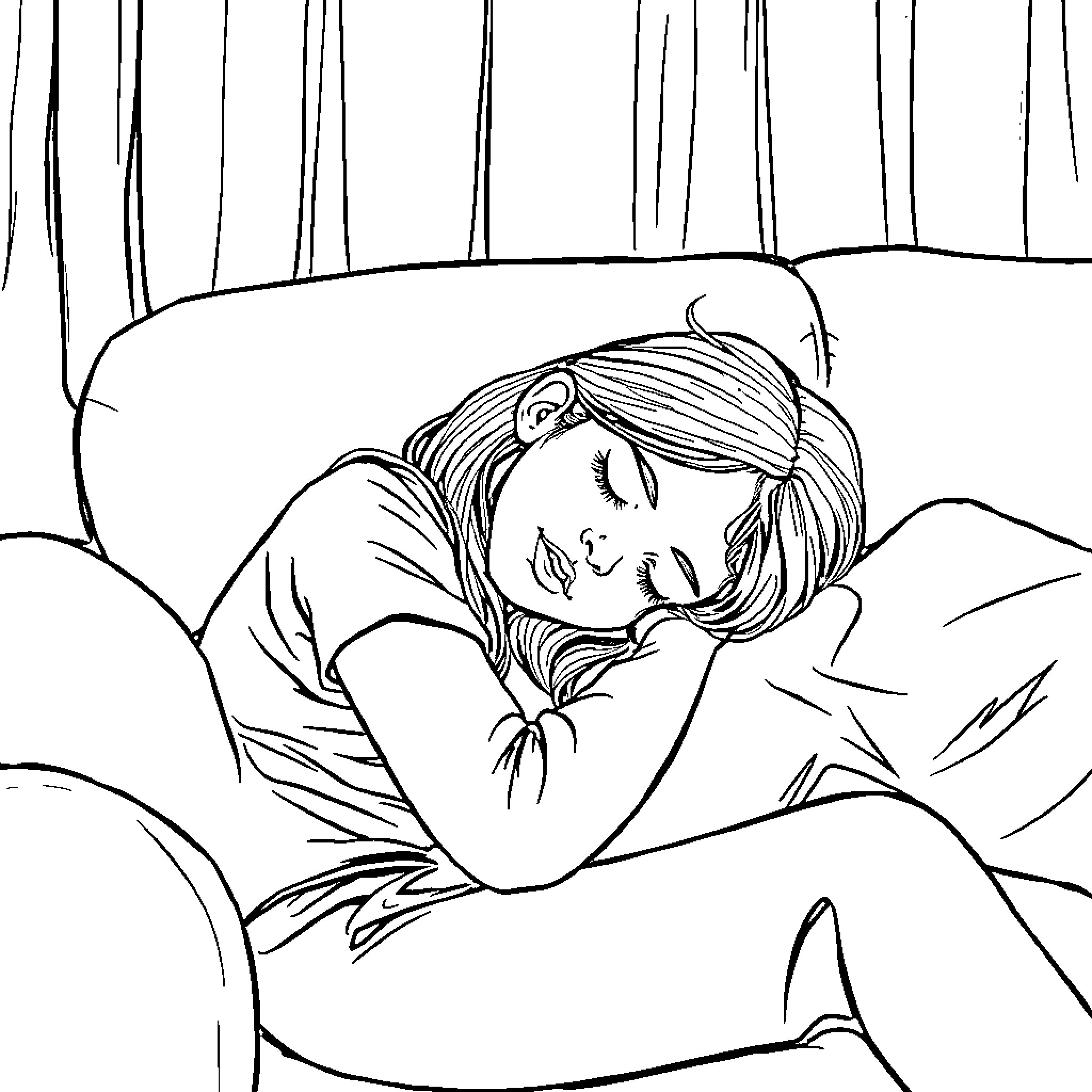 Girl resting peacefully in a cozy environment Coloring Page (free black-and-white line drawing printable PDF for all, from beginners to advanced learners, including children, teens, adults, and seniors)