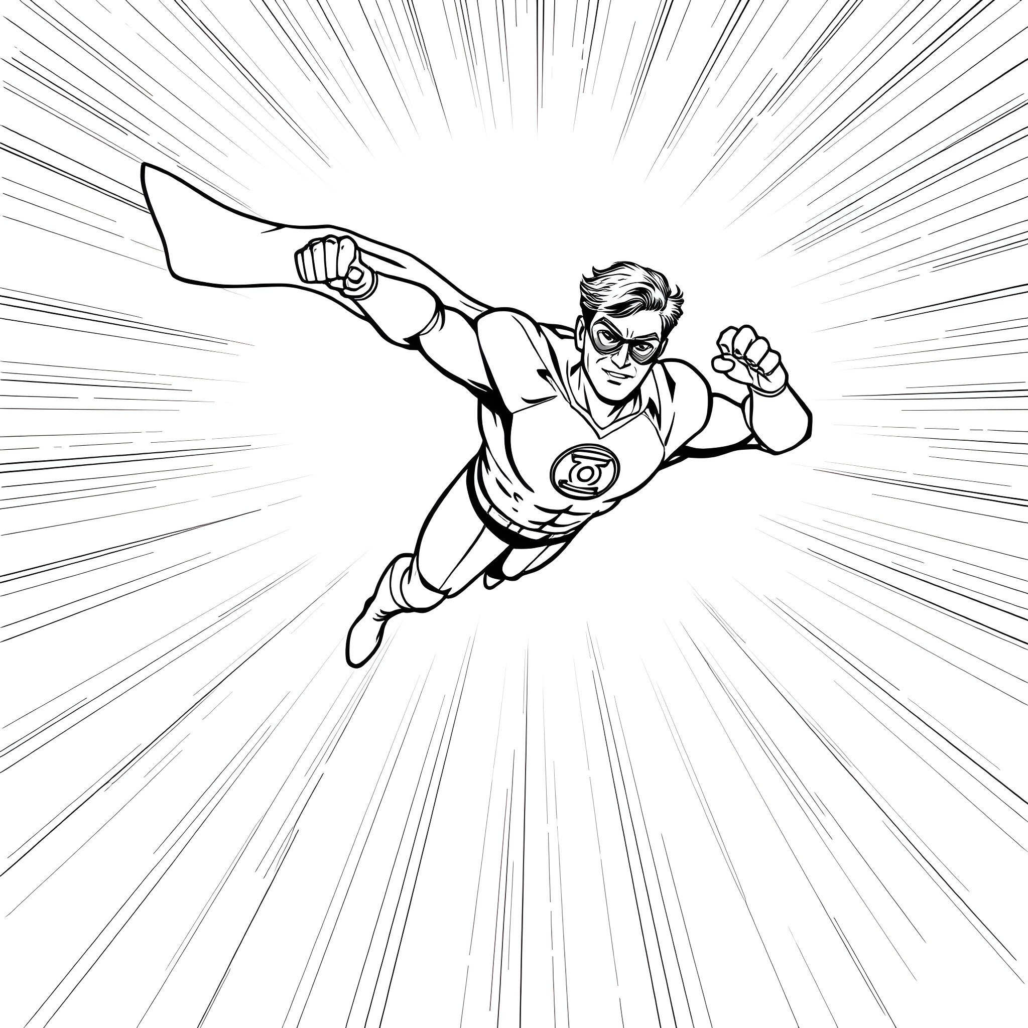 Green Lantern hero soaring through the sky Coloring Page (free black-and-white line drawing printable PDF for all, from beginners to advanced learners, including children, teens, adults, and seniors)