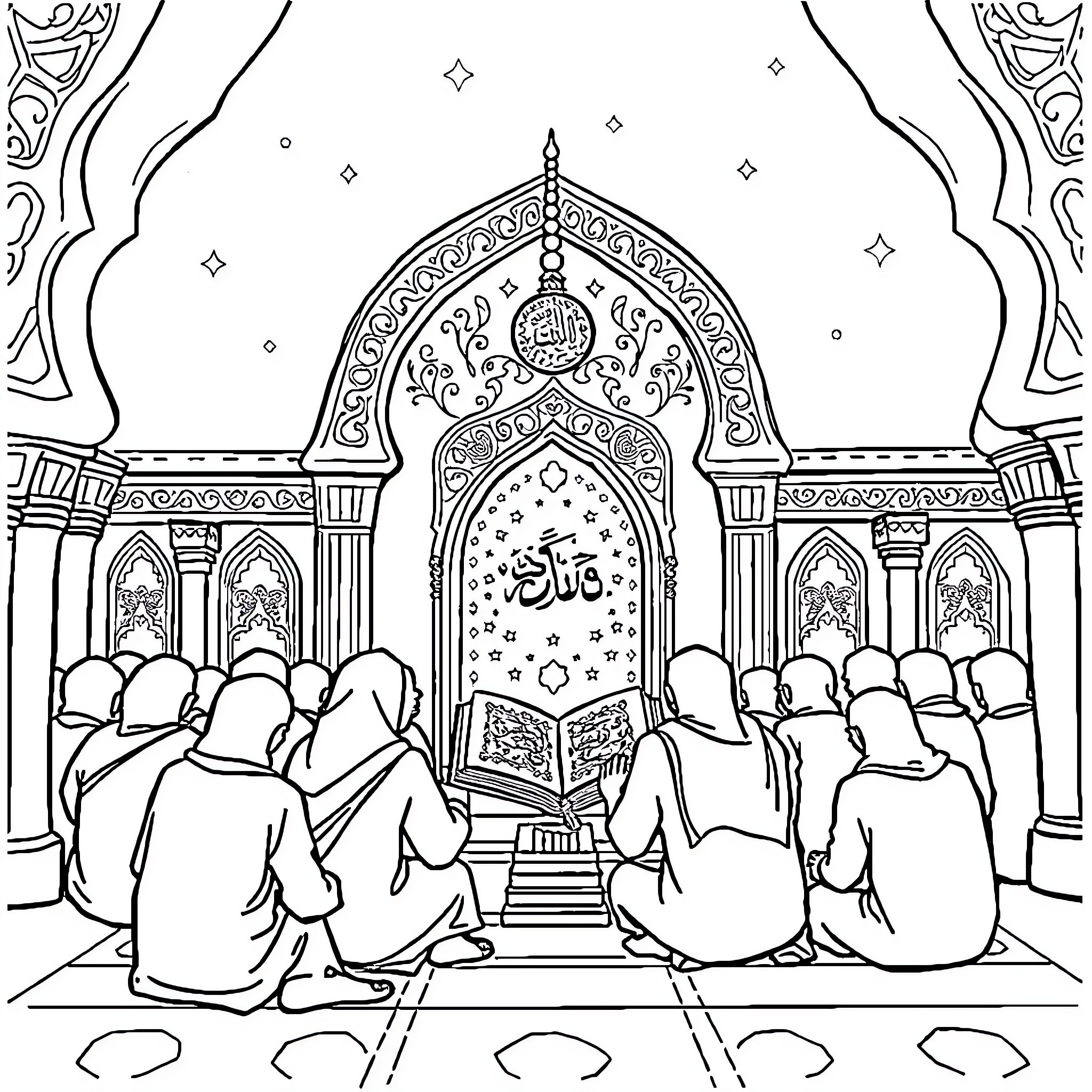 Halaqa - Gathering for Quranic study and prayer Coloring Page (free black-and-white line drawing printable PDF for all, from beginners to advanced learners, including children, teens, adults, and seniors)