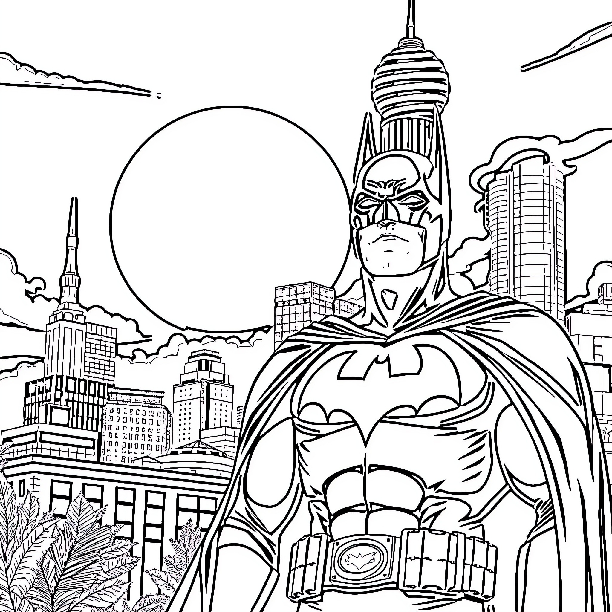 Batman standing heroically in a bustling city skyline Coloring Page (free black-and-white line drawing printable PDF for all, from beginners to advanced learners, including children, teens, adults, and seniors)