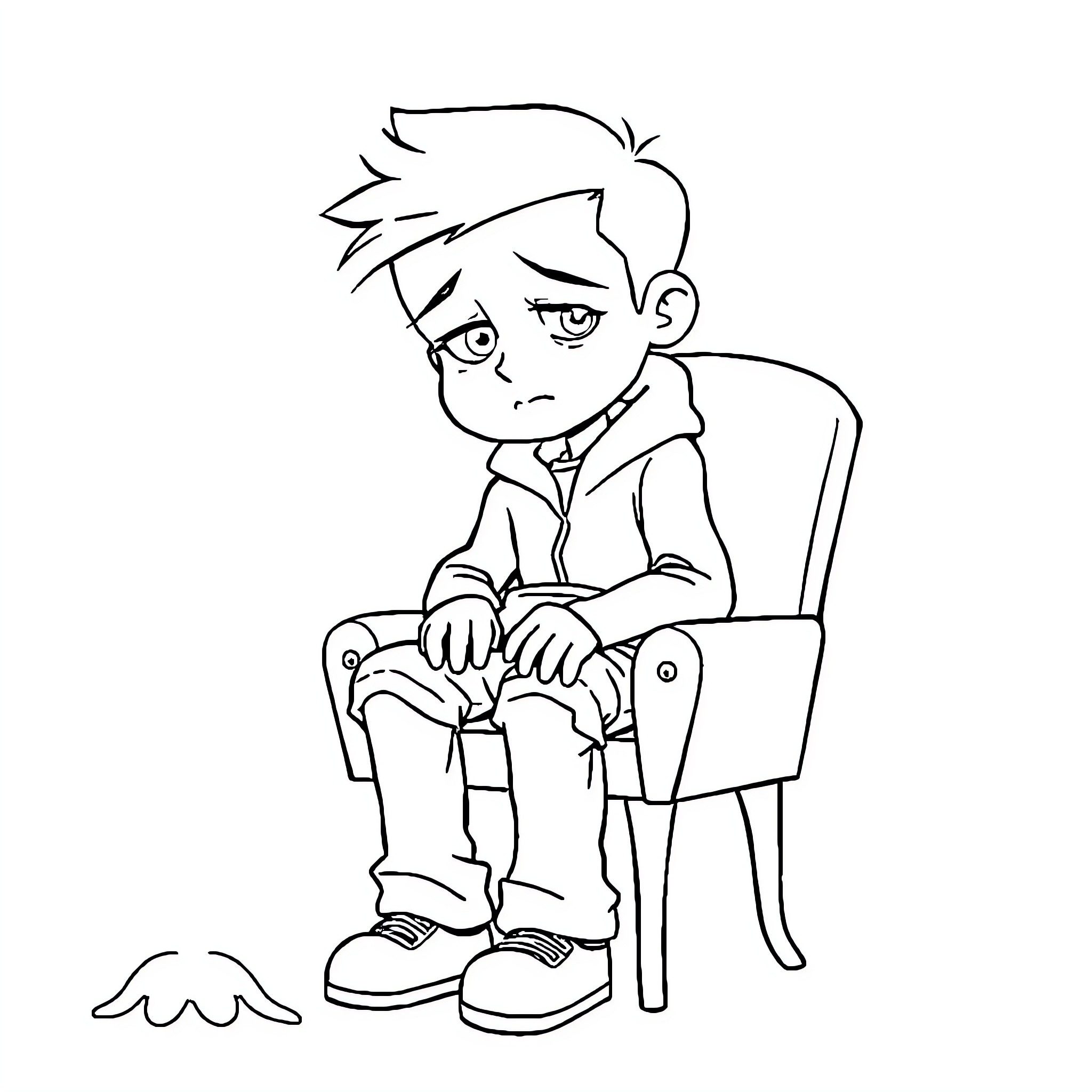 Boy sitting in chair looking distressed Coloring Page (free black-and-white line drawing printable PDF for all, from beginners to advanced learners, including children, teens, adults, and seniors)