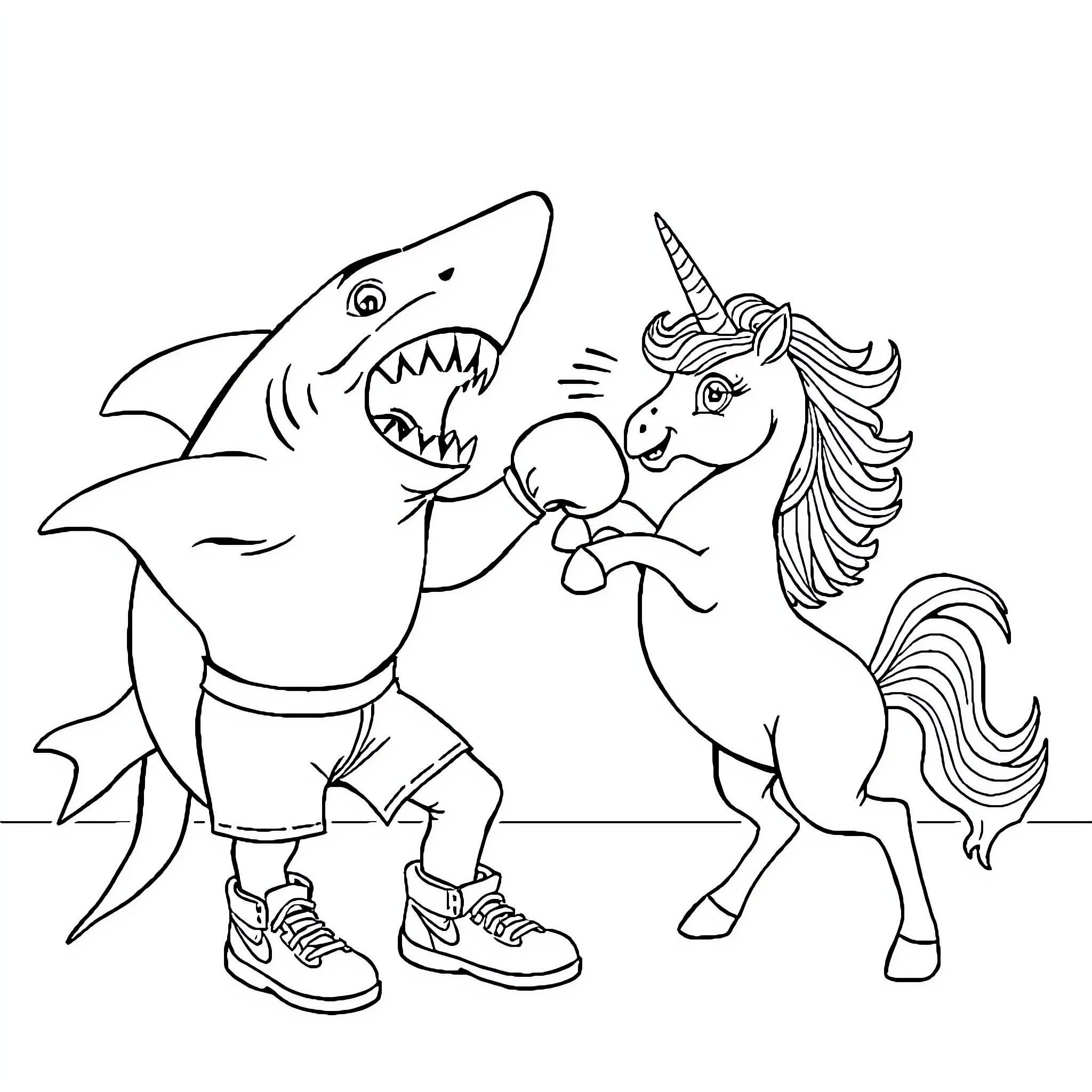 Shark and unicorn playing in cartoon style Coloring Page (free black-and-white line drawing printable PDF for all, from beginners to advanced learners, including children, teens, adults, and seniors)