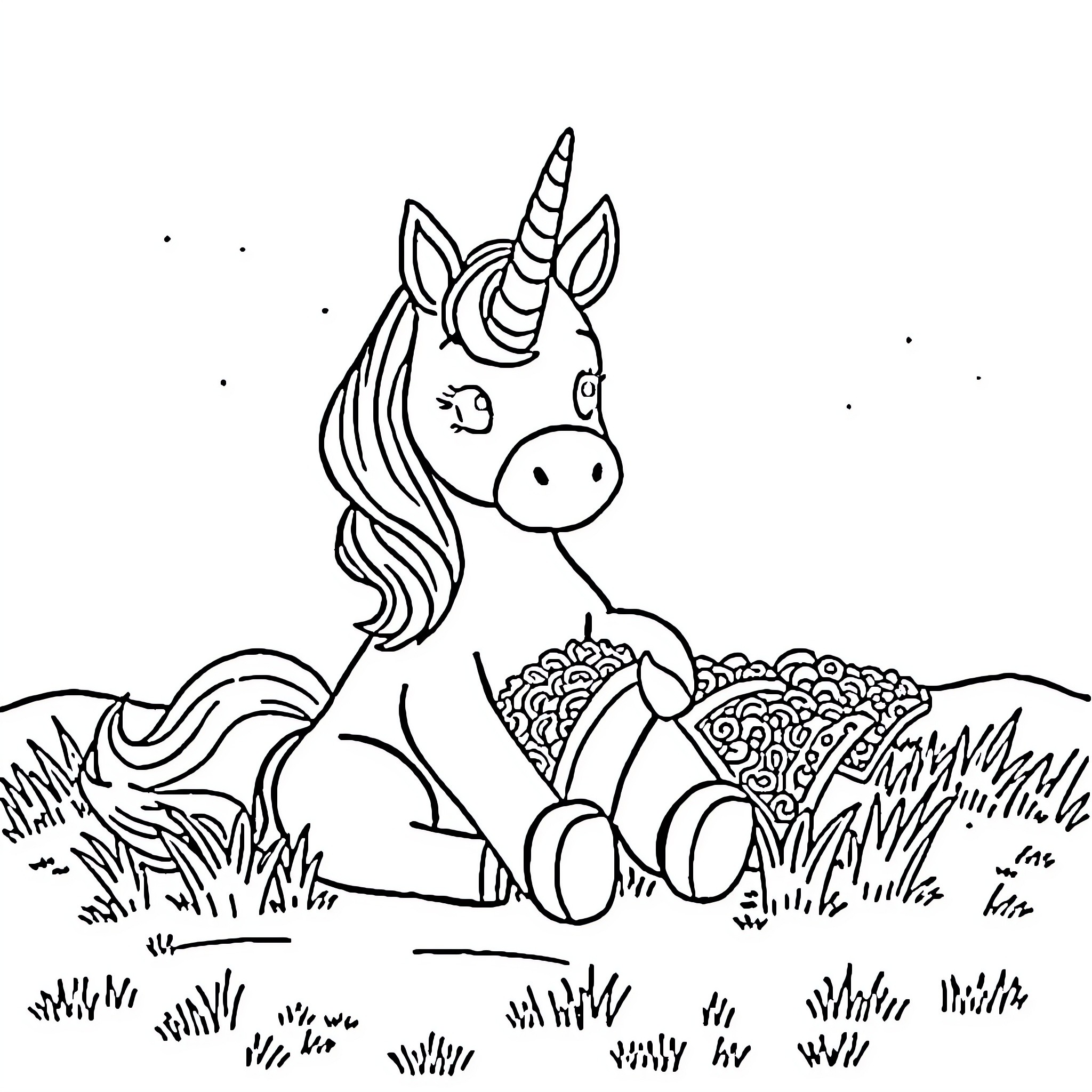 Unicorn resting peacefully in the meadow Coloring Page (free black-and-white line drawing printable PDF for all, from beginners to advanced learners, including children, teens, adults, and seniors)