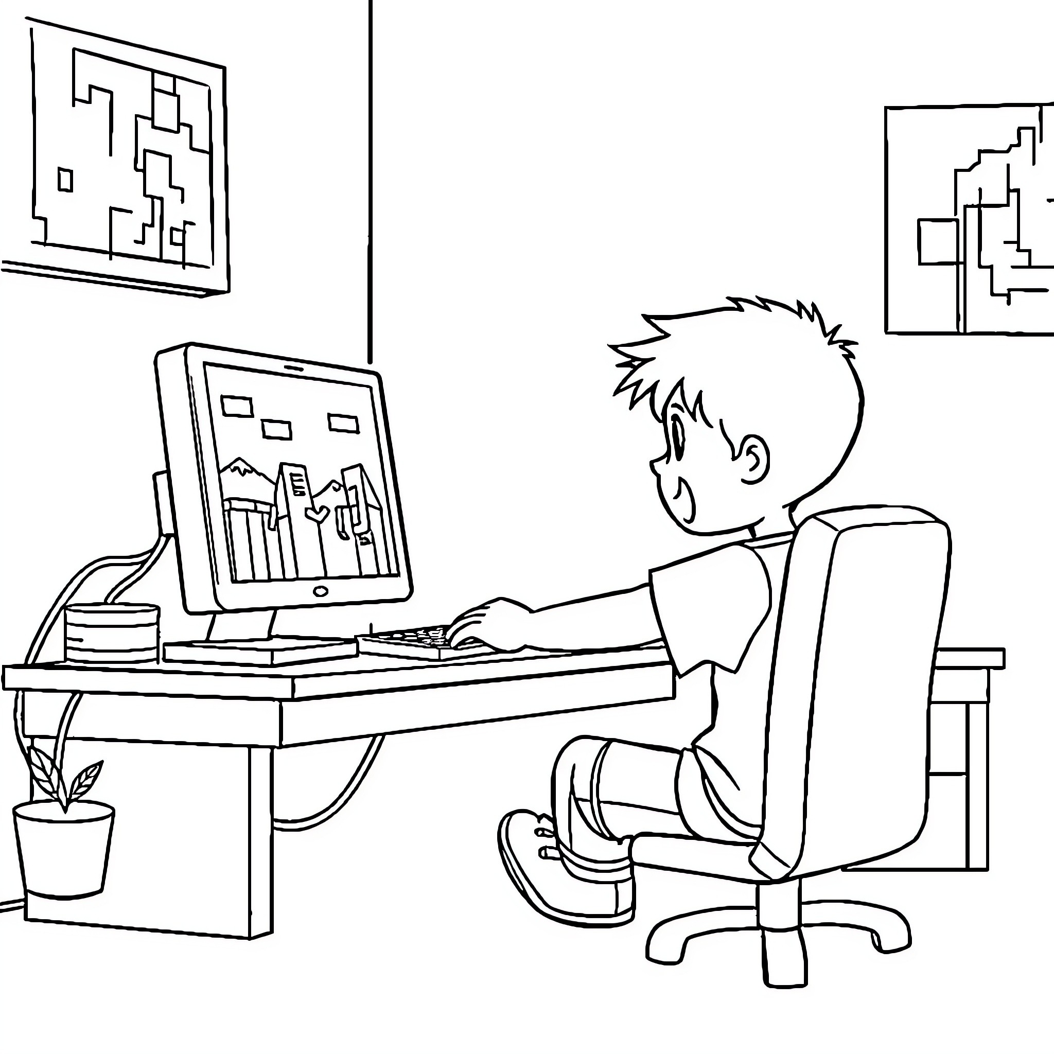 Boy focused on computer playing game Coloring Page (free black-and-white line drawing printable PDF for all, from beginners to advanced learners, including children, teens, adults, and seniors)