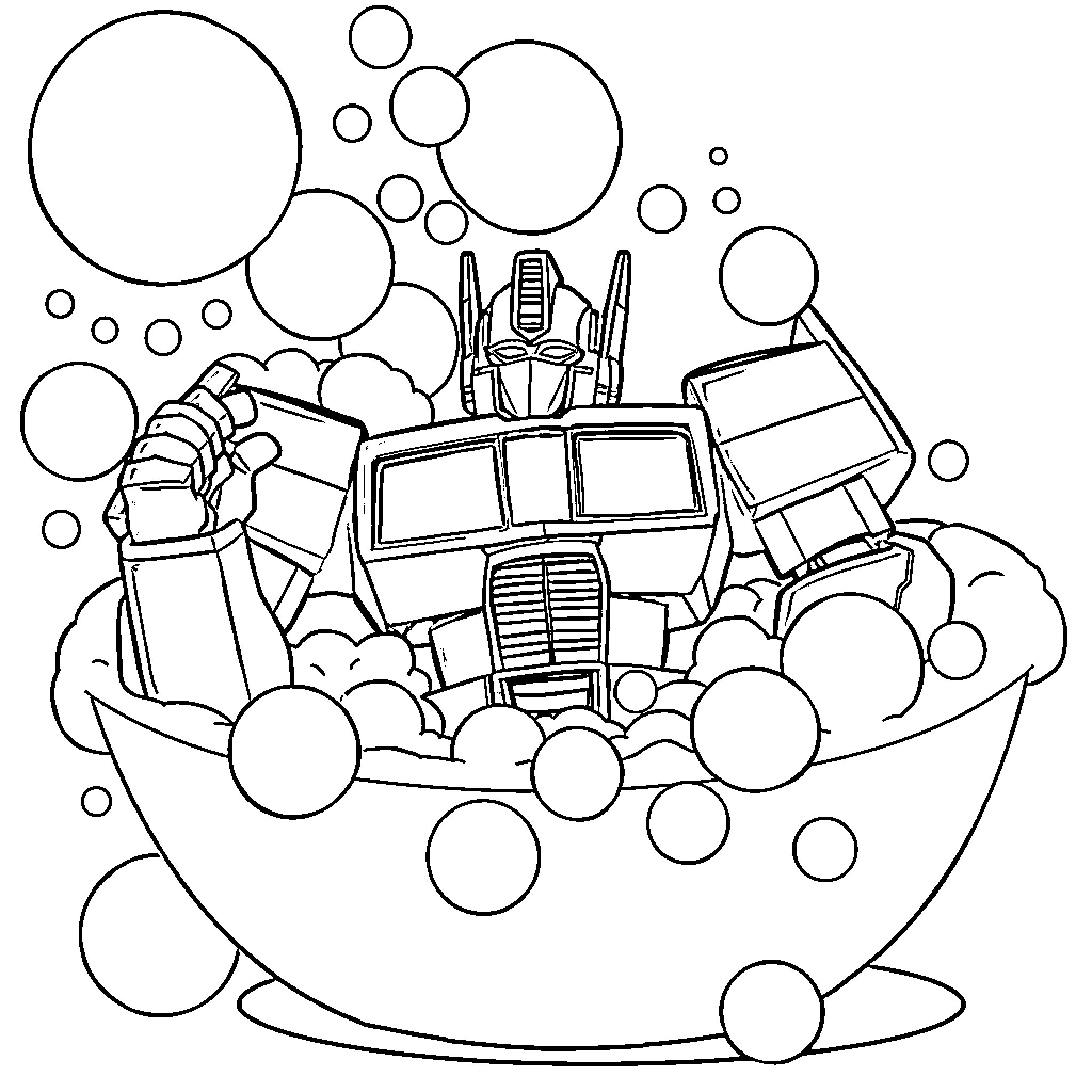 Optimus Prime in an abstract bubble scene Coloring Page (free black-and-white line drawing printable PDF for all, from beginners to advanced learners, including children, teens, adults, and seniors)