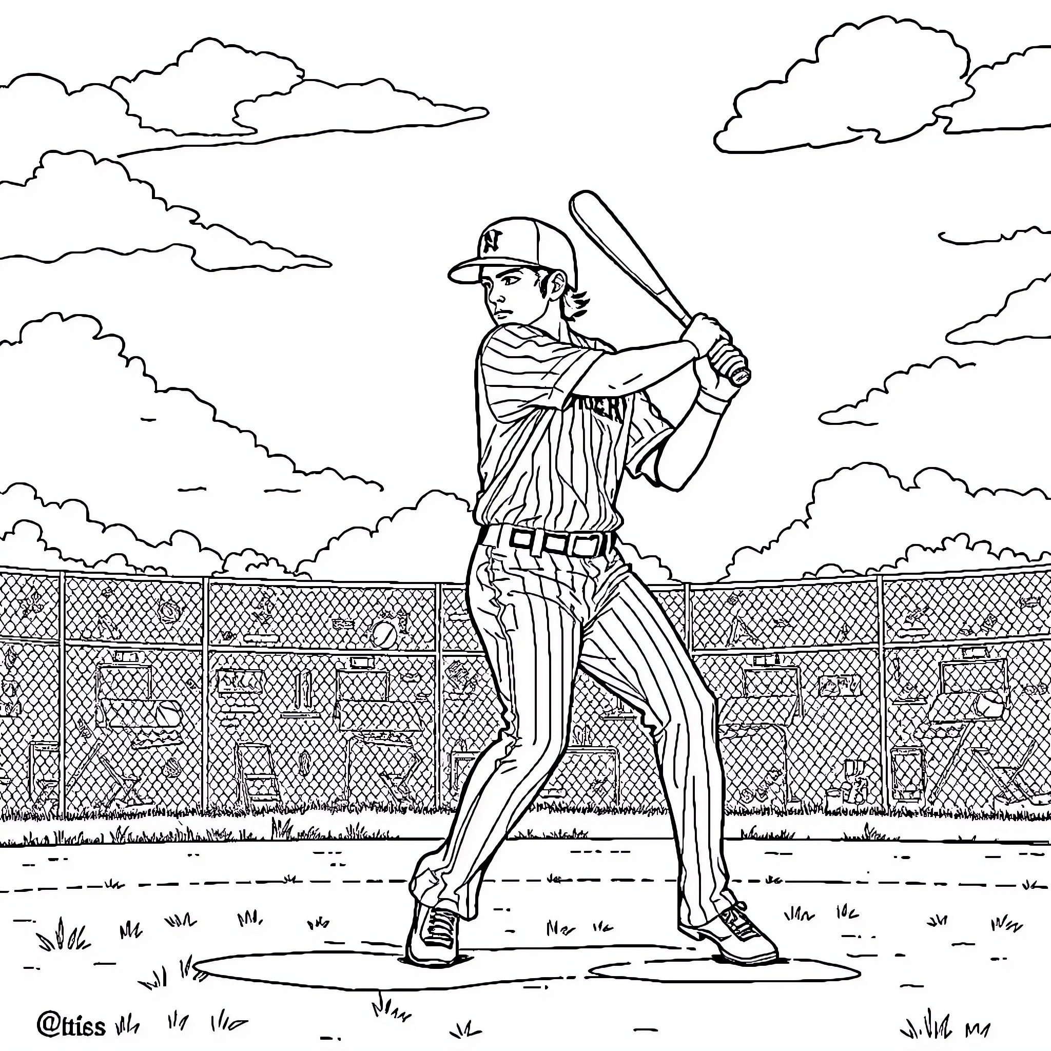 Captain America Batter Up in Baseball Stadium Coloring Page (free black-and-white line drawing printable PDF for all, from beginners to advanced learners, including children, teens, adults, and seniors)