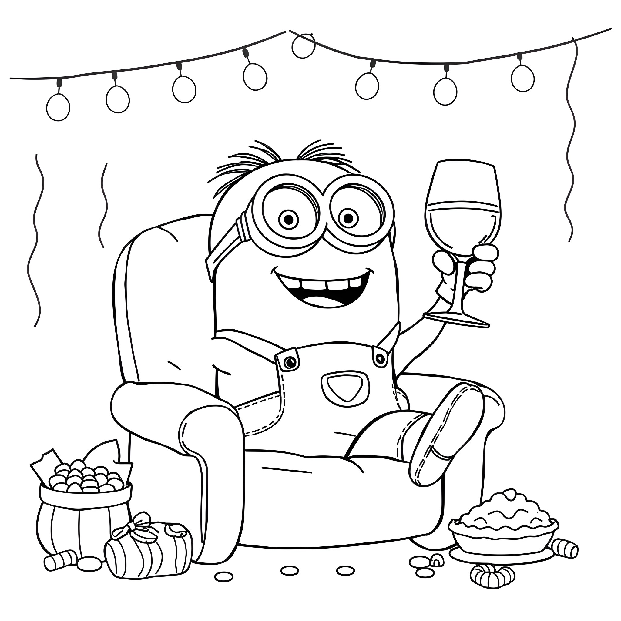 Minion relaxing and enjoying a glass of wine Coloring Page (free black-and-white line drawing printable PDF for all, from beginners to advanced learners, including children, teens, adults, and seniors)