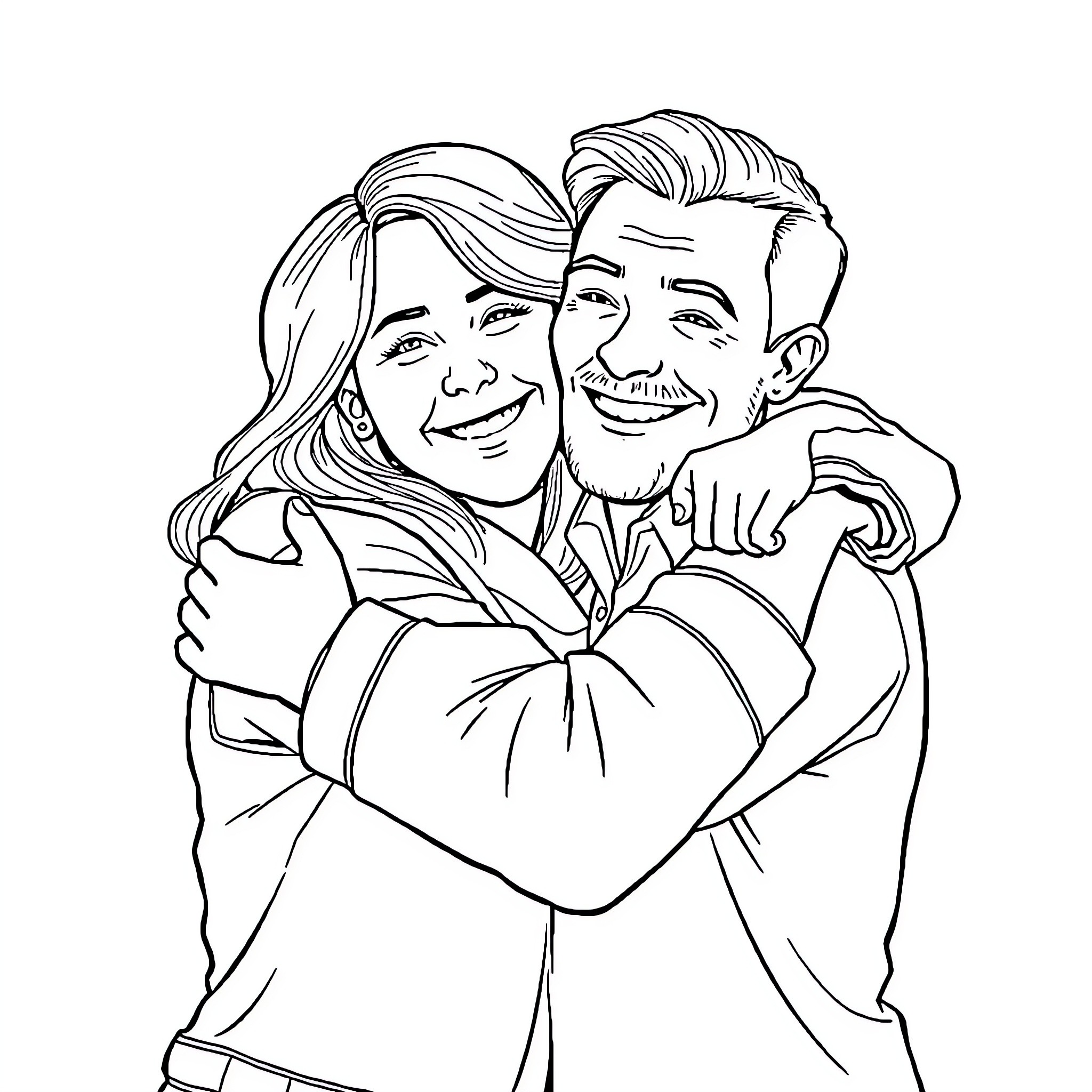 Woman and man embracing warmly Coloring Page (free black-and-white line drawing printable PDF for all, from beginners to advanced learners, including children, teens, adults, and seniors)
