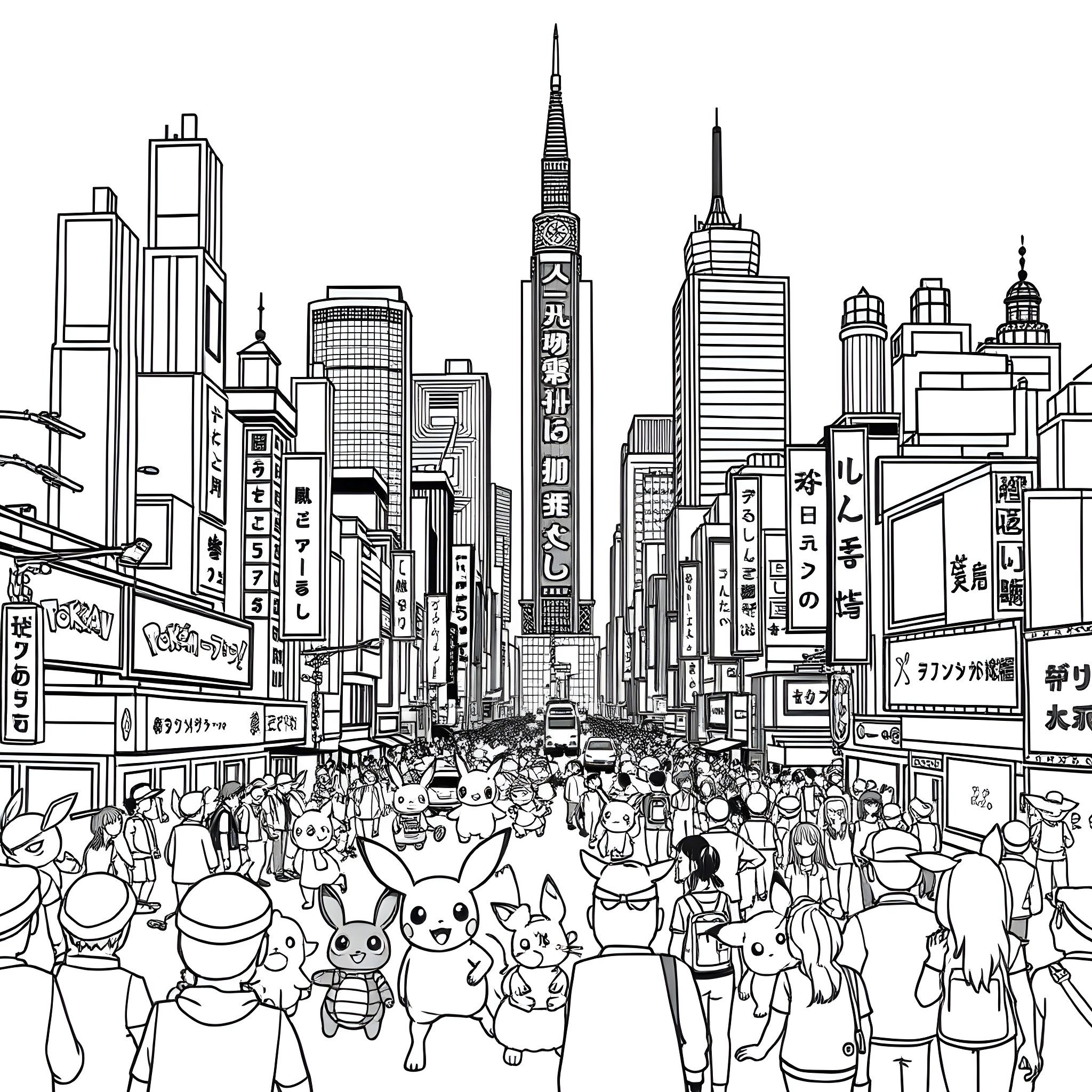 Pokémon characters in a bustling city scene Coloring Page (free black-and-white line drawing printable PDF for all, from beginners to advanced learners, including children, teens, adults, and seniors)