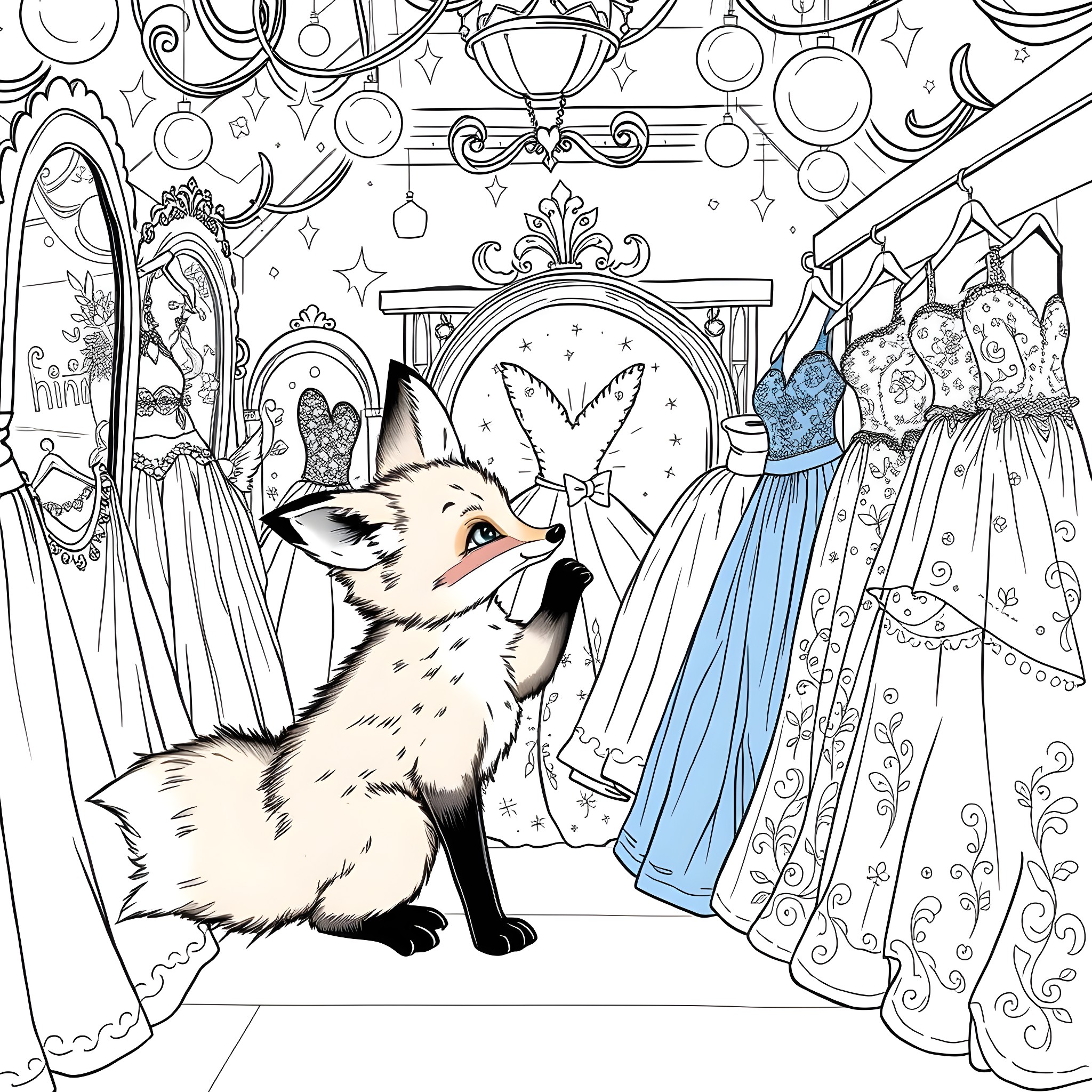 Fox exploring a magical dress-up room Coloring Page (free black-and-white line drawing printable PDF for all, from beginners to advanced learners, including children, teens, adults, and seniors)