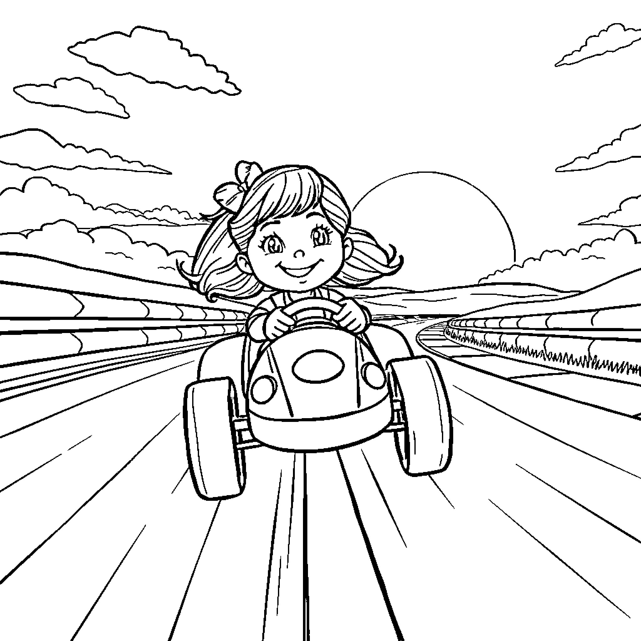 Race Car Girl Driving Down the Road Coloring Page (free black-and-white line drawing printable PDF for all, from beginners to advanced learners, including children, teens, adults, and seniors)