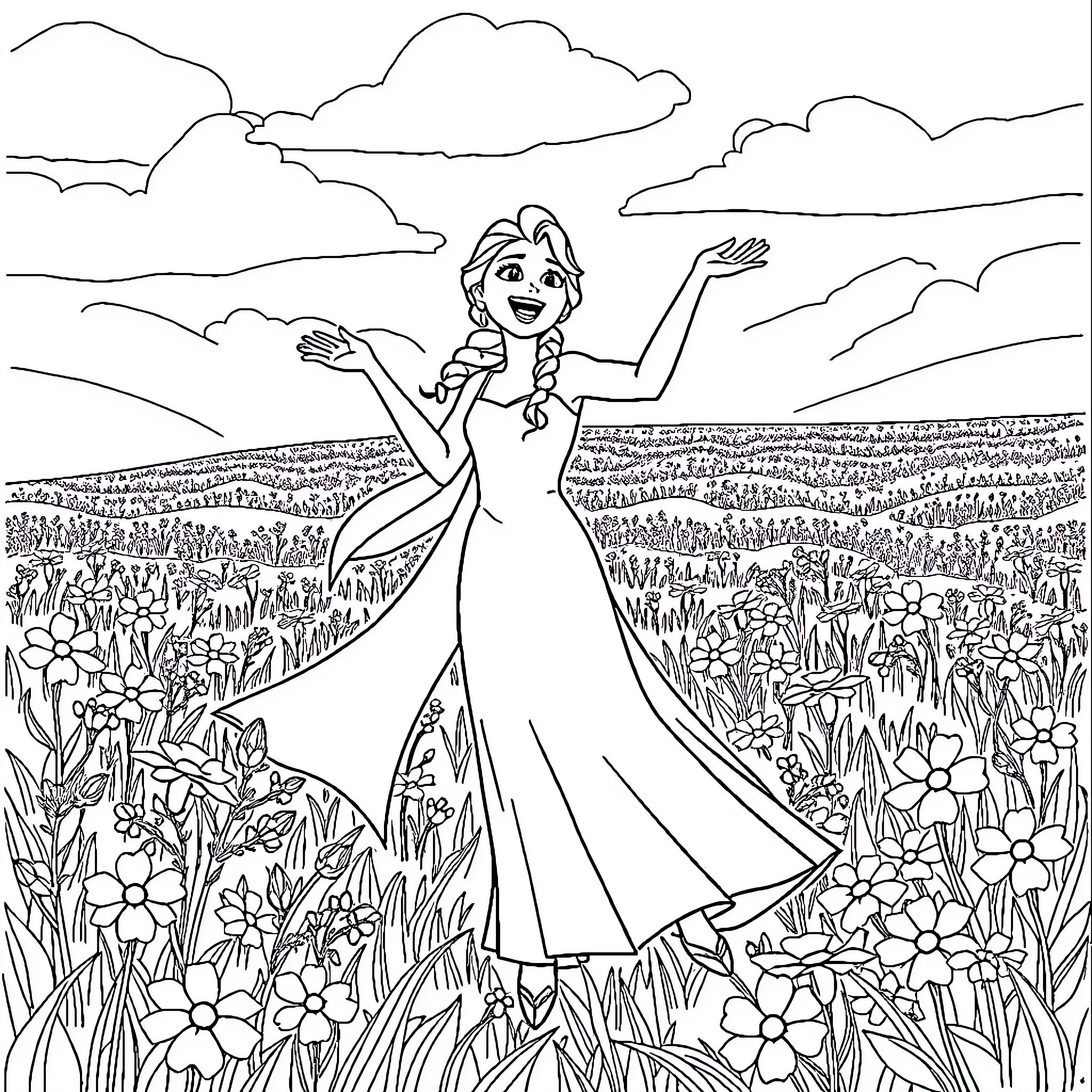 Elsa joyfully dancing in a field of flowers Coloring Page (free black-and-white line drawing printable PDF for all, from beginners to advanced learners, including children, teens, adults, and seniors)