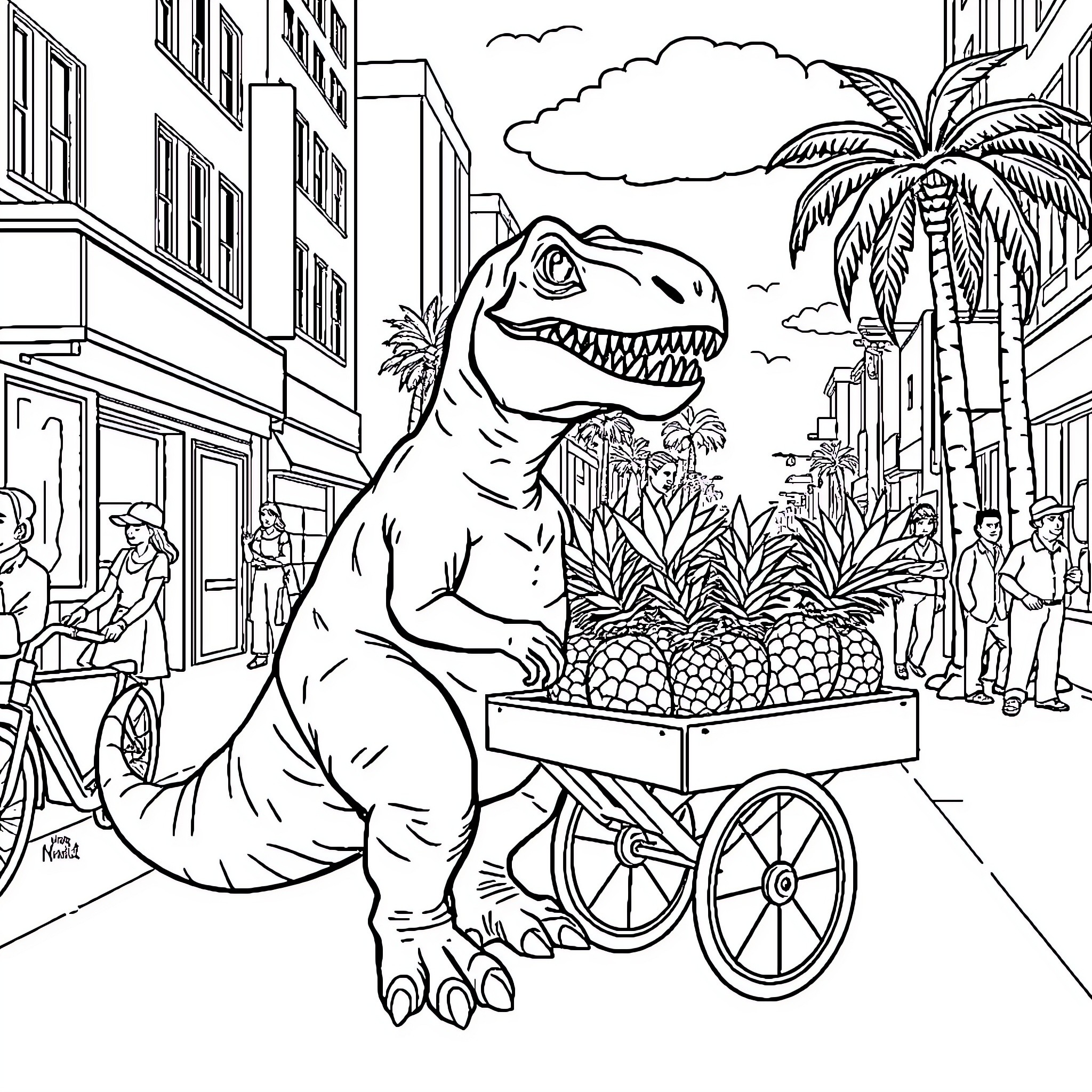 T-Rex Selling Pineapples in the City Coloring Page (free black-and-white line drawing printable PDF for all, from beginners to advanced learners, including children, teens, adults, and seniors)