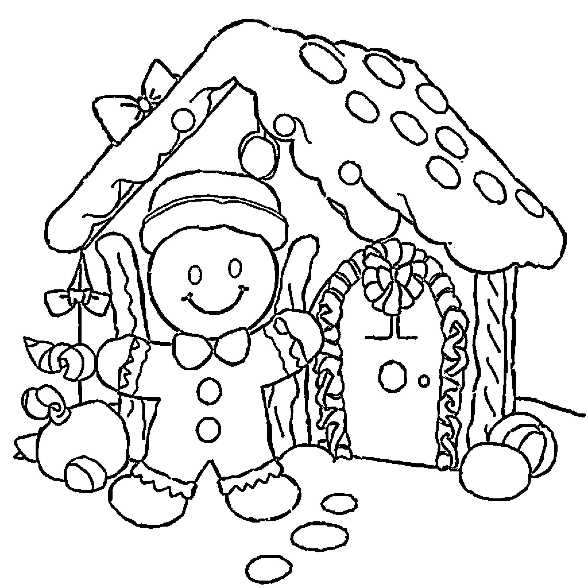 Gingerbread characters in a whimsical cottage Coloring Page (free black-and-white line drawing printable PDF for all, from beginners to advanced learners, including children, teens, adults, and seniors)