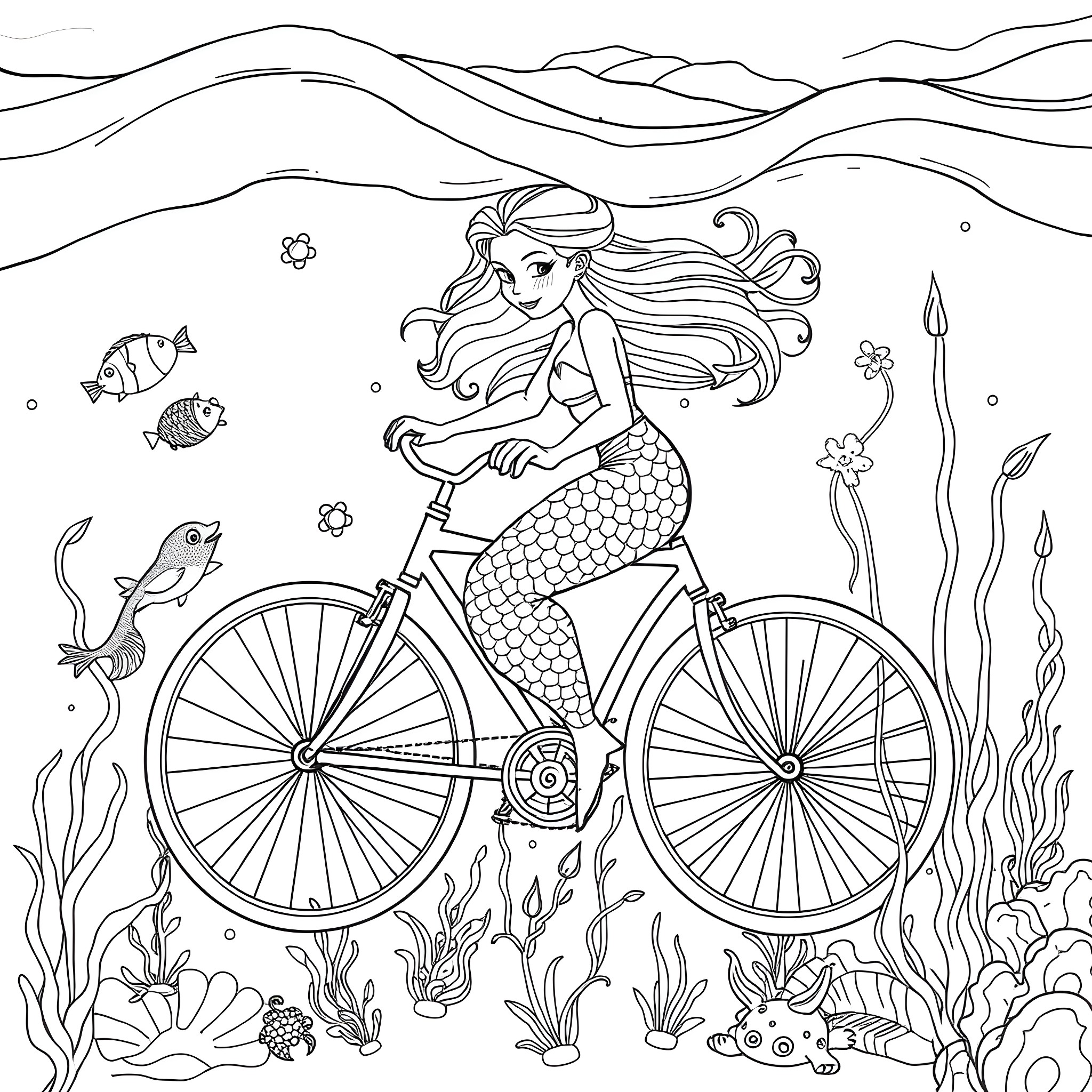 Mermaid riding a bicycle underwater Coloring Page (free black-and-white line drawing printable PDF for all, from beginners to advanced learners, including children, teens, adults, and seniors)