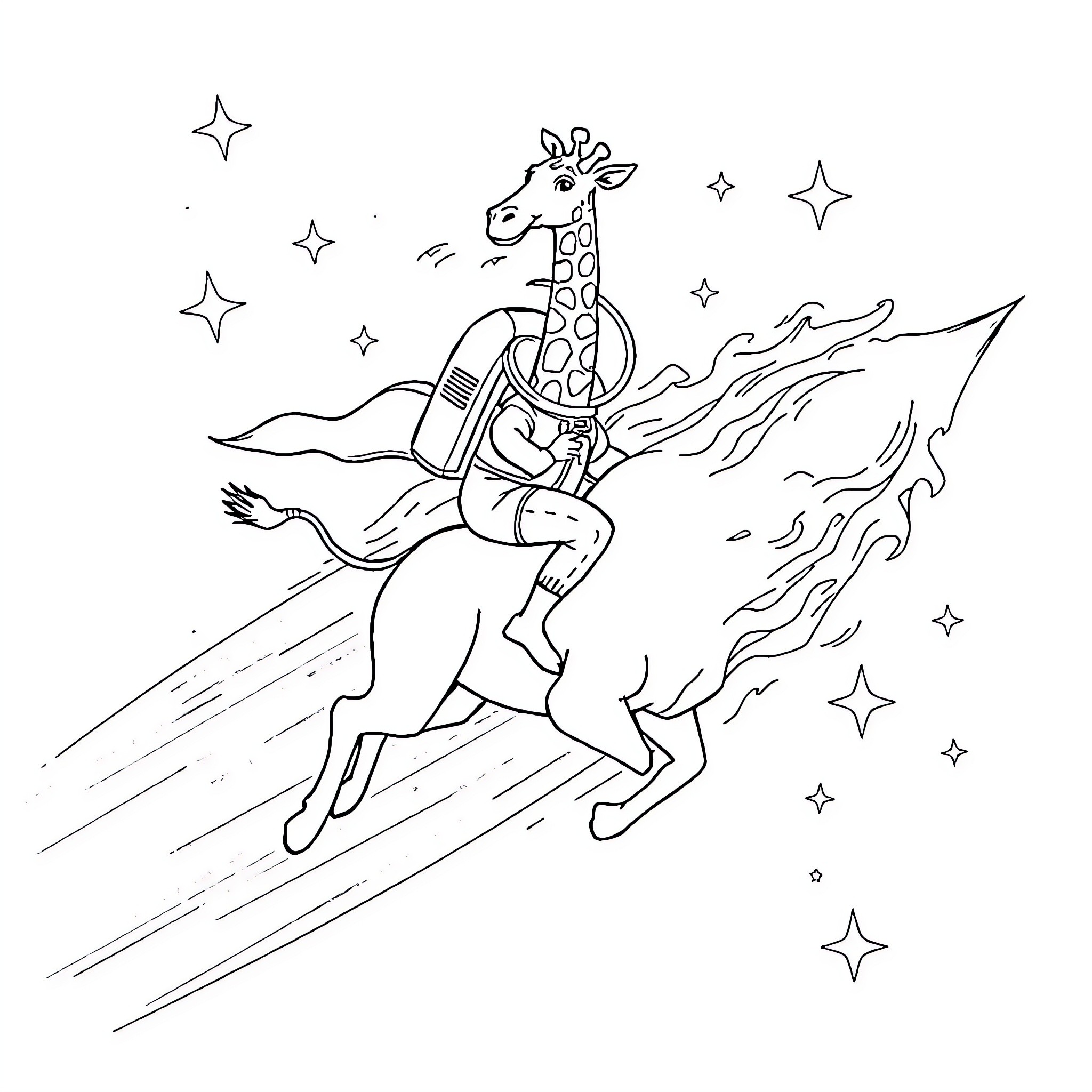 Giraffe riding a rocket through the stars Coloring Page (free black-and-white line drawing printable PDF for all, from beginners to advanced learners, including children, teens, adults, and seniors)