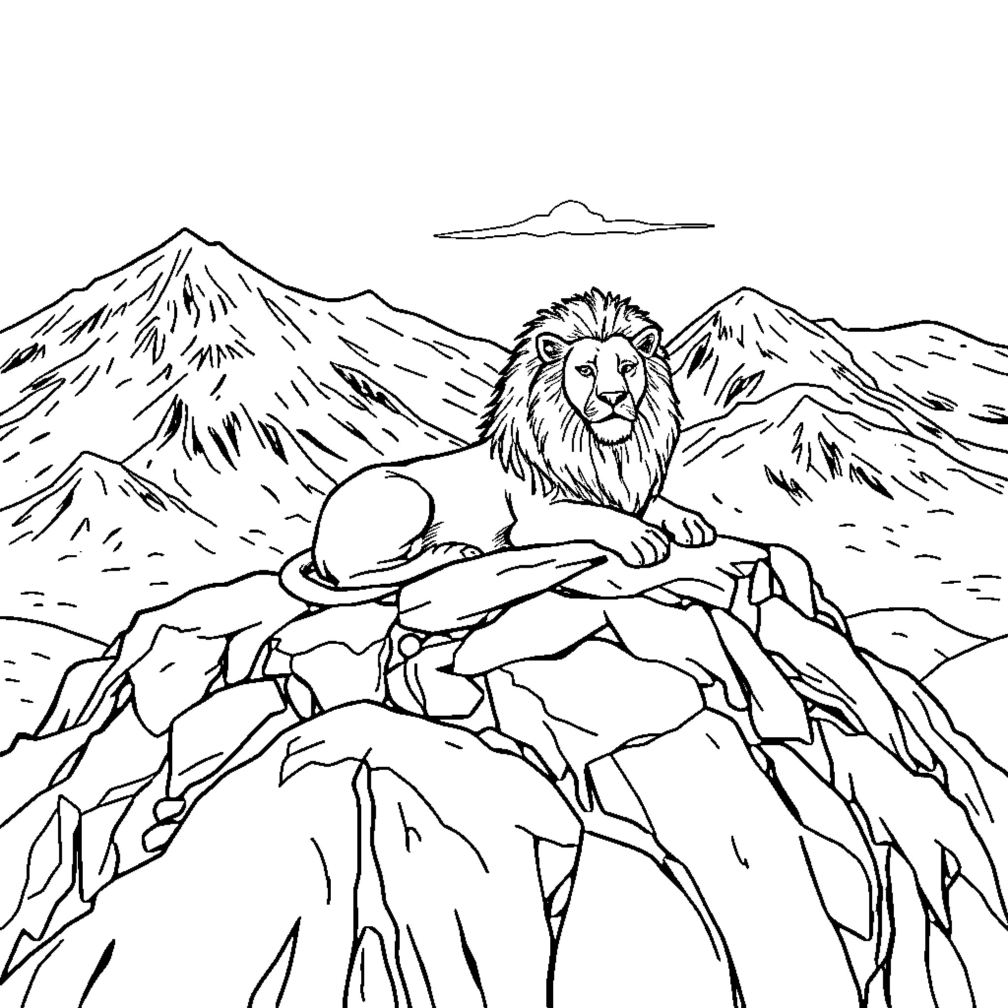 Lion Resting on Rocky Mountain Peak Coloring Page (free black-and-white line drawing printable PDF for all, from beginners to advanced learners, including children, teens, adults, and seniors)