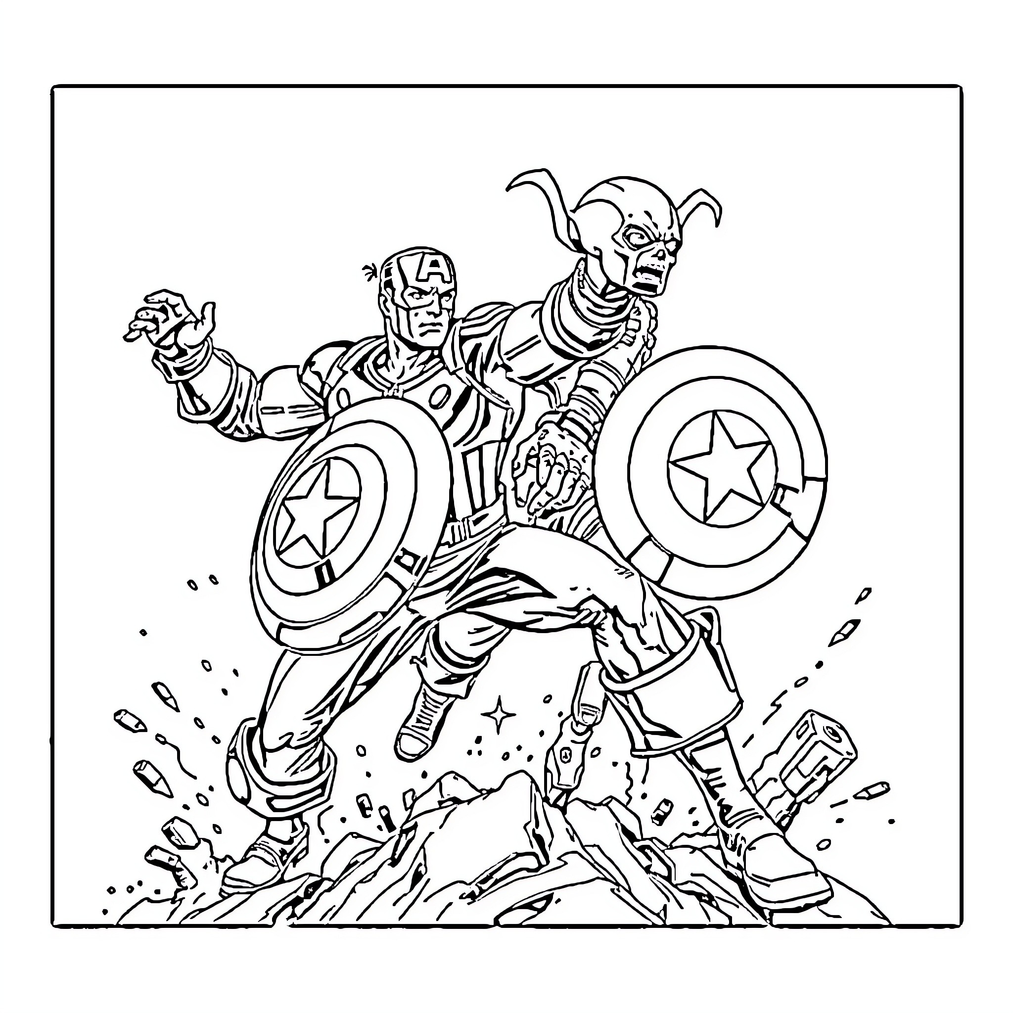 Captain America in action-packed heroic pose Coloring Page (free black-and-white line drawing printable PDF for all, from beginners to advanced learners, including children, teens, adults, and seniors)