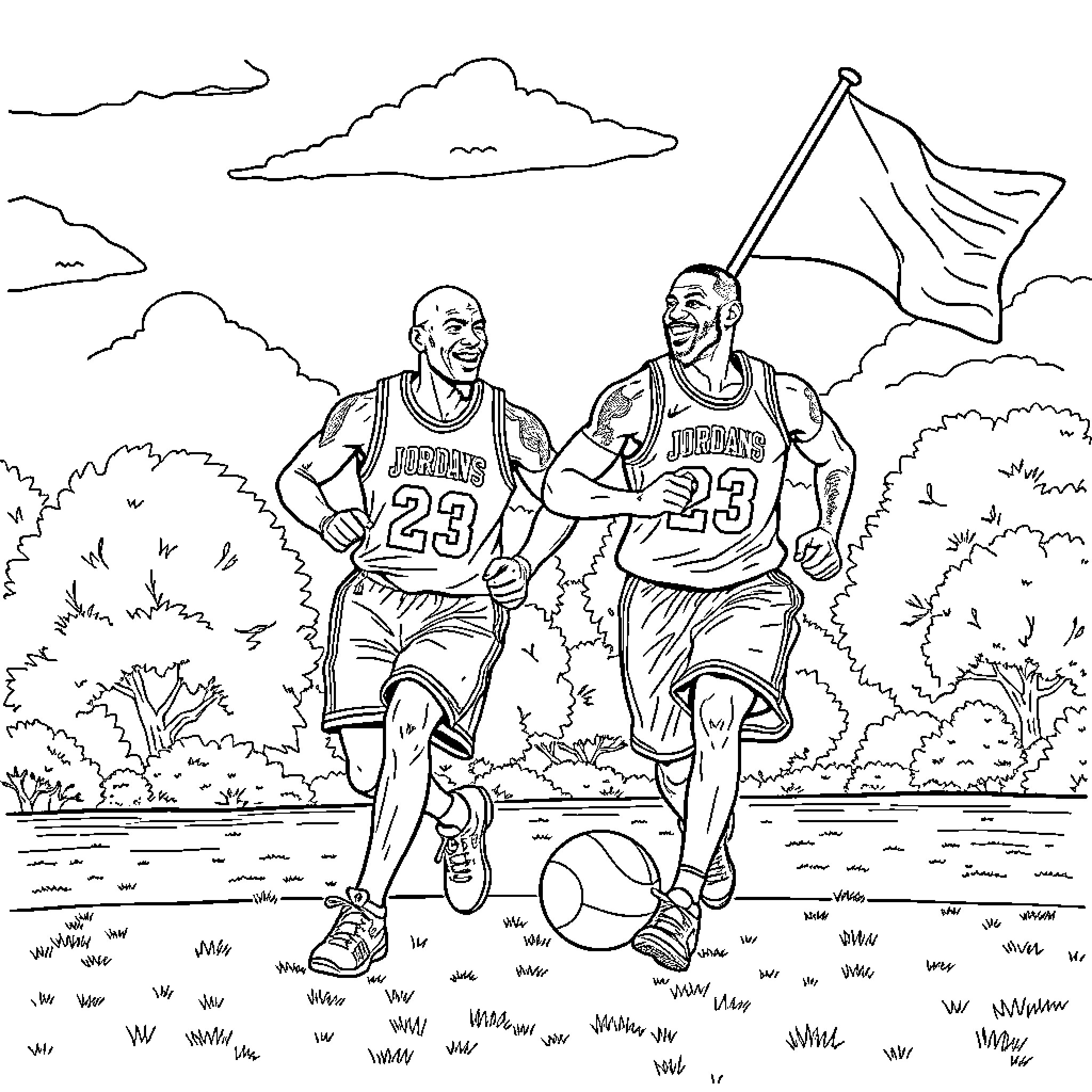Michael Jordan and Teammate Playing Basketball Together Coloring Page (free black-and-white line drawing printable PDF for all, from beginners to advanced learners, including children, teens, adults, and seniors)