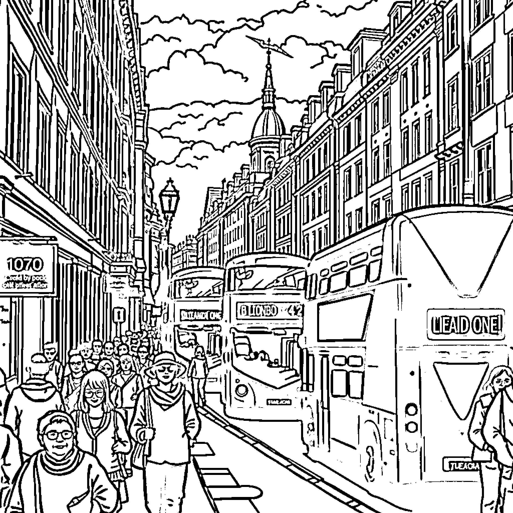 London Street Scene with Bustling Pedestrians and Vehicles Coloring Page (free black-and-white line drawing printable PDF for all, from beginners to advanced learners, including children, teens, adults, and seniors)