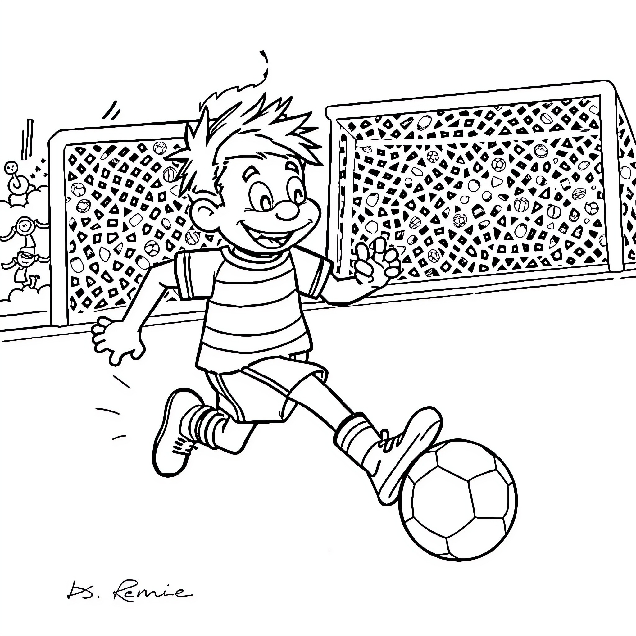 Ernie enjoys playing soccer with enthusiasm Coloring Page (free black-and-white line drawing printable PDF for all, from beginners to advanced learners, including children, teens, adults, and seniors)