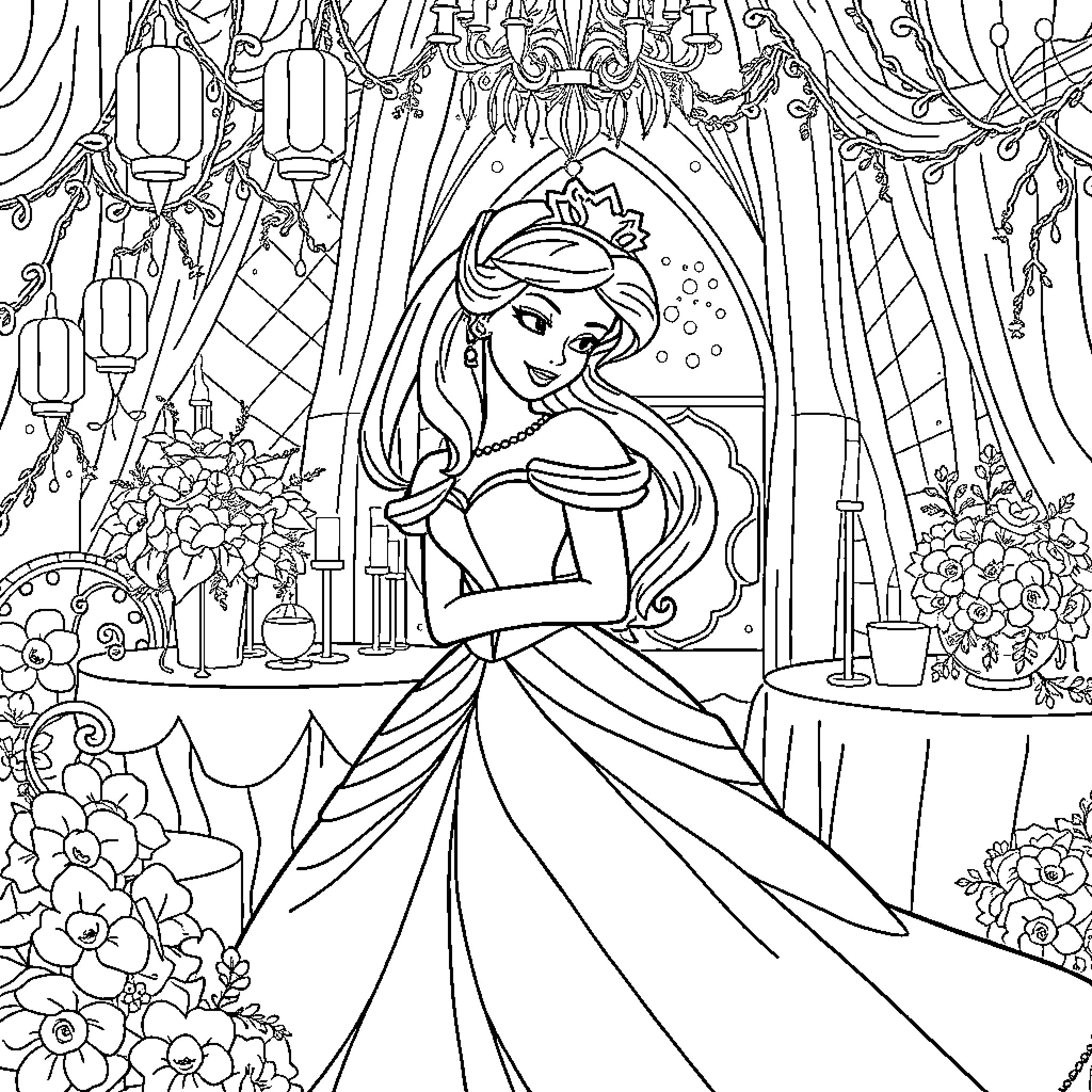 Disney Princess in Elegant Ball Gown Surrounded by Flowers Coloring Page (free black-and-white line drawing printable PDF for all, from beginners to advanced learners, including children, teens, adults, and seniors)