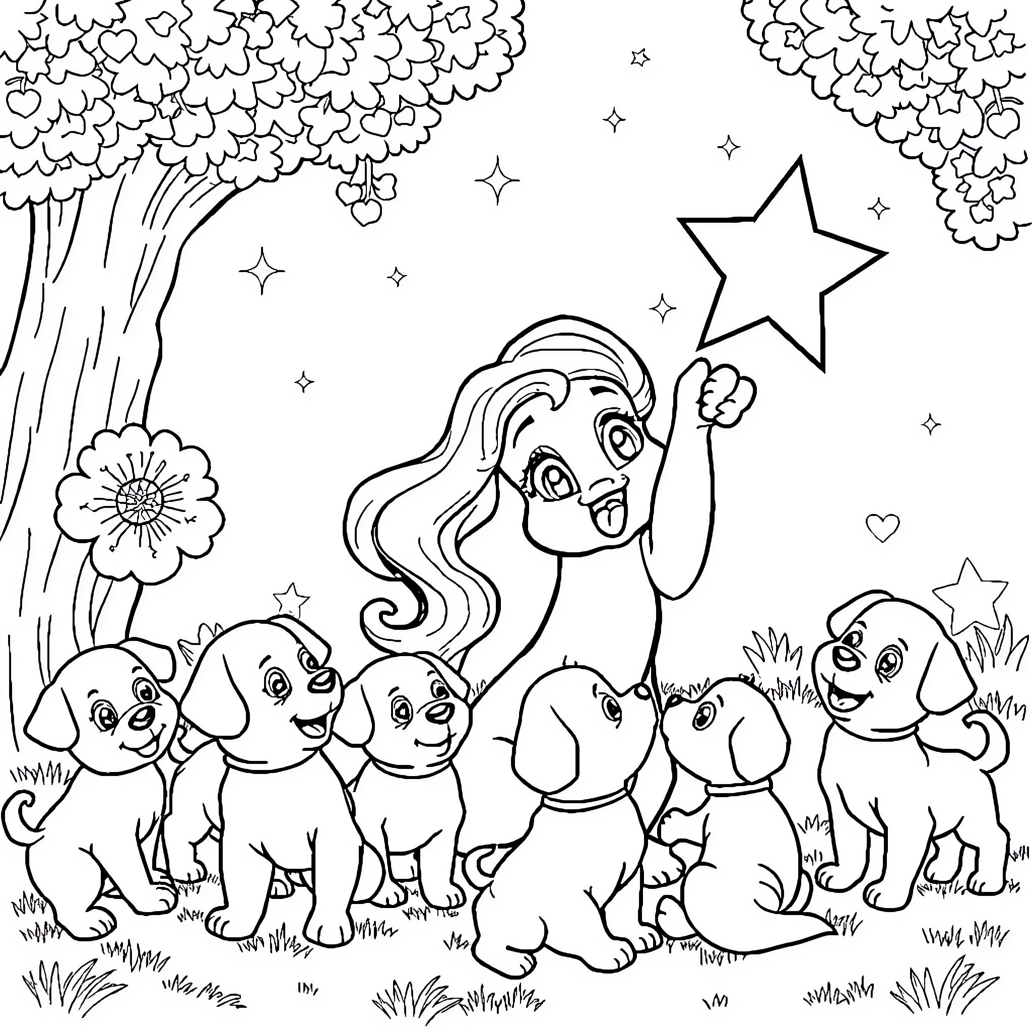 Stella's Enchanted Gathering with Playful Puppies Coloring Page (free black-and-white line drawing printable PDF for all, from beginners to advanced learners, including children, teens, adults, and seniors)