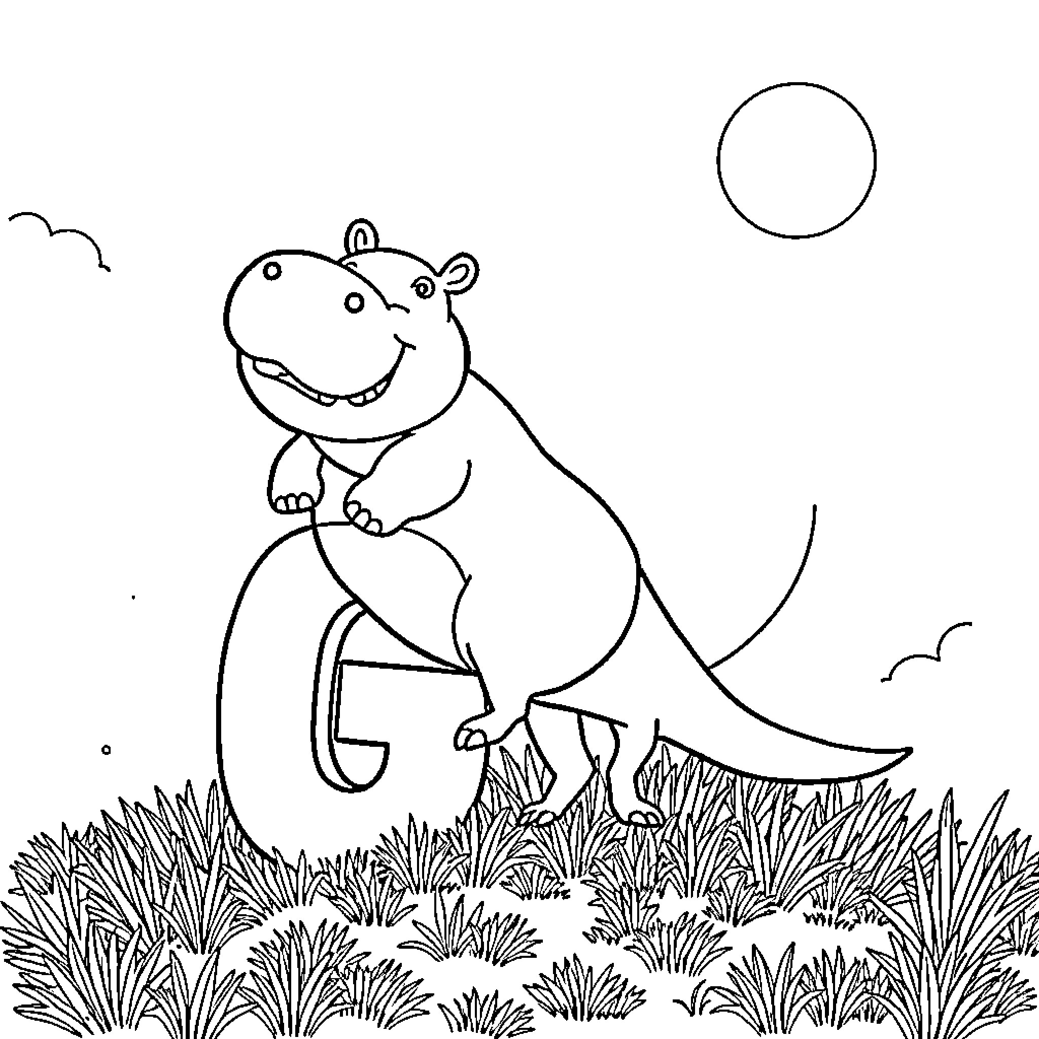 Hippo enjoying a sunny day in the meadow Coloring Page (free black-and-white line drawing printable PDF for all, from beginners to advanced learners, including children, teens, adults, and seniors)