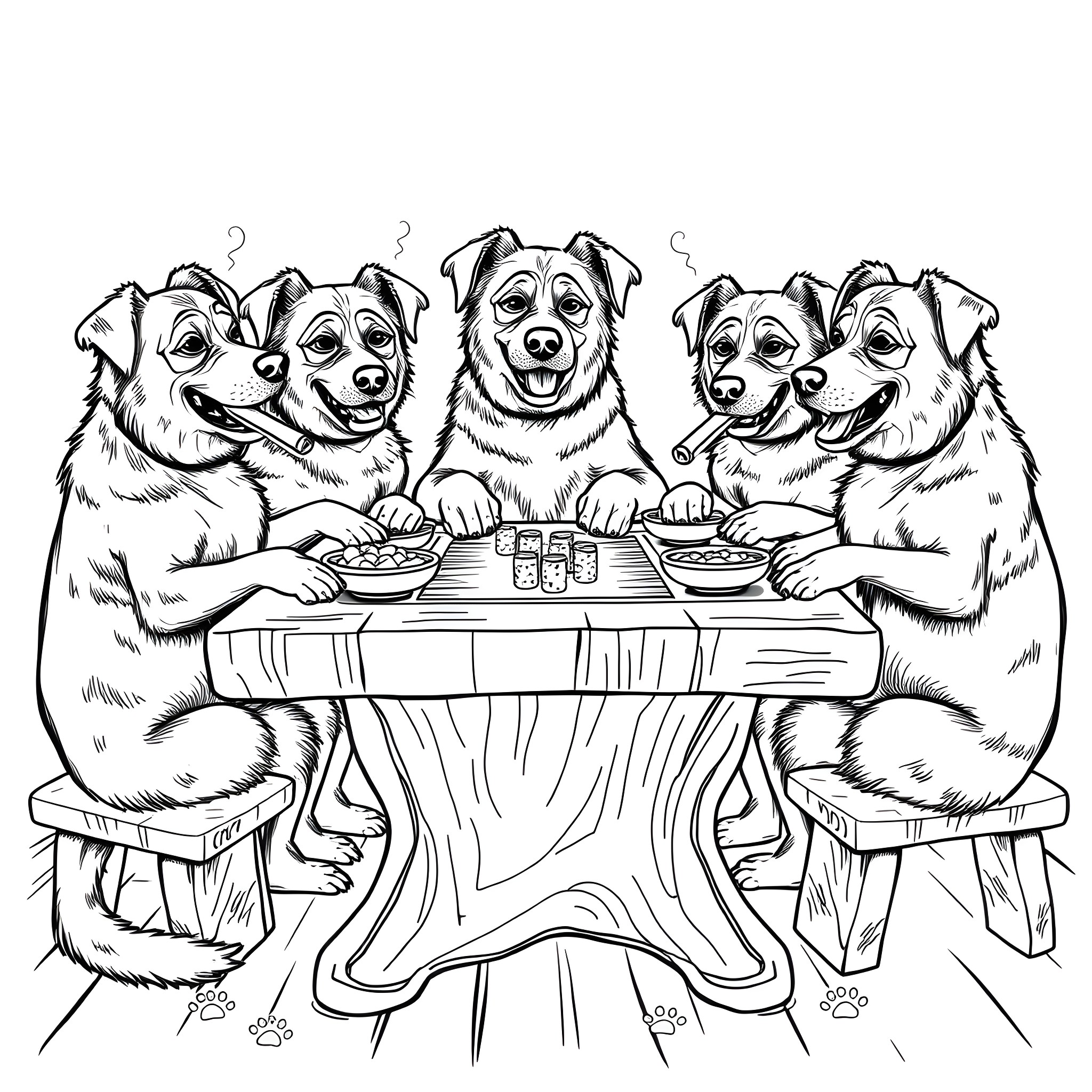 Dog friends enjoying a meal together Coloring Page (free black-and-white line drawing printable PDF for all, from beginners to advanced learners, including children, teens, adults, and seniors)