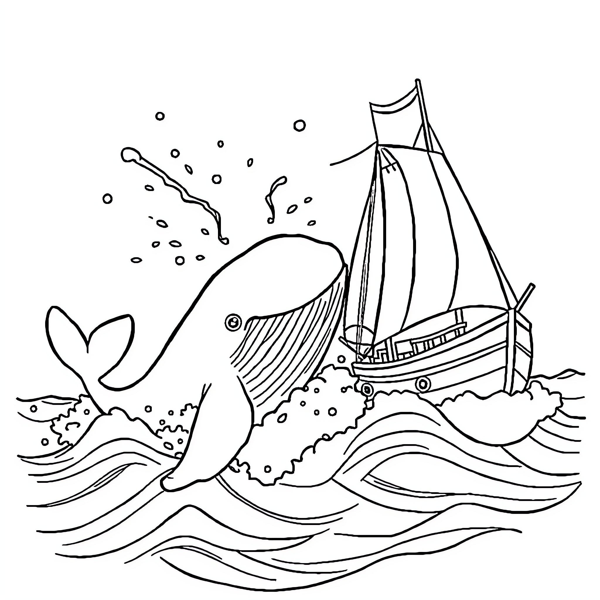 Whale chasing a sailing ship in the ocean Coloring Page (free black-and-white line drawing printable PDF for all, from beginners to advanced learners, including children, teens, adults, and seniors)