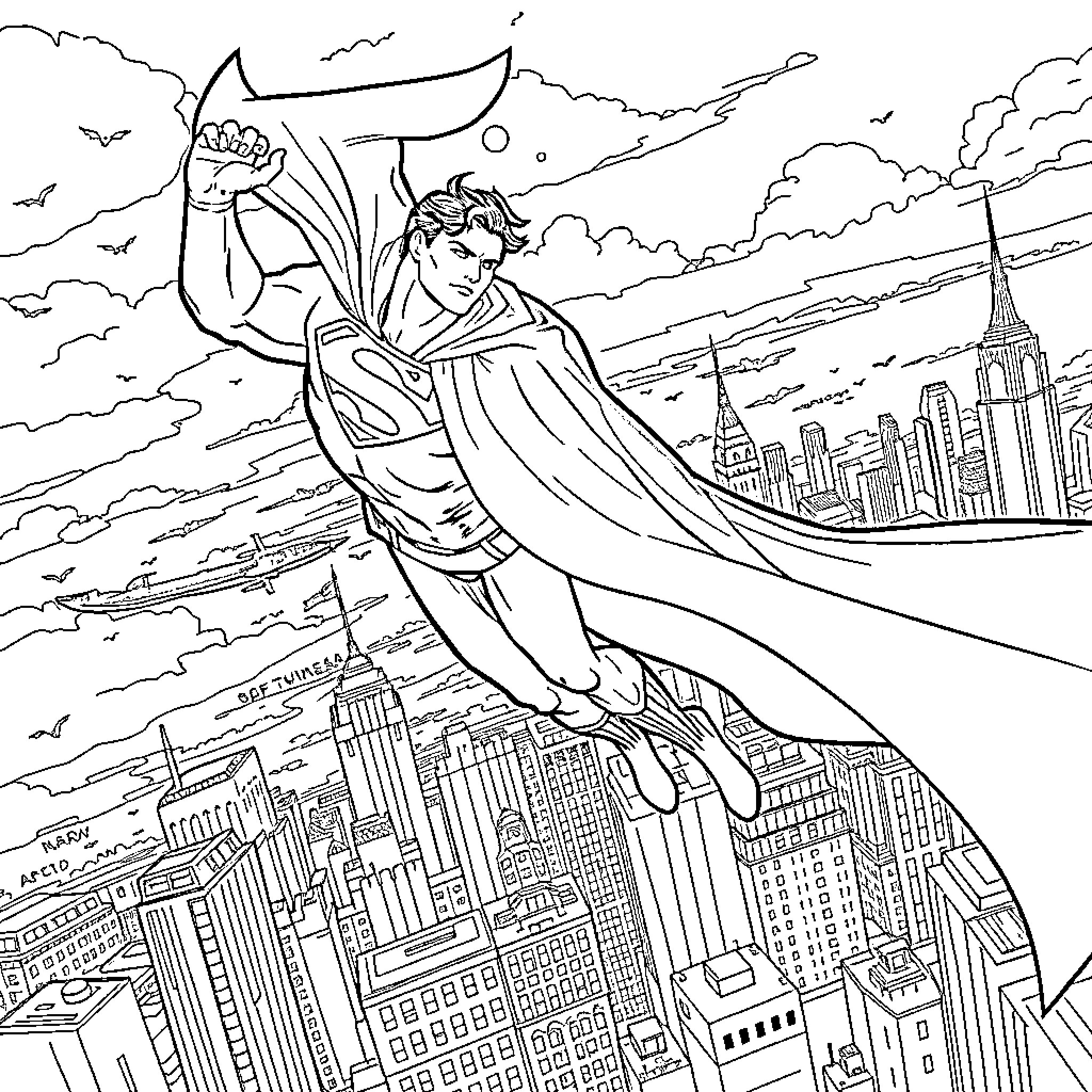 Superman soaring over the city skyline Coloring Page (free black-and-white line drawing printable PDF for all, from beginners to advanced learners, including children, teens, adults, and seniors)
