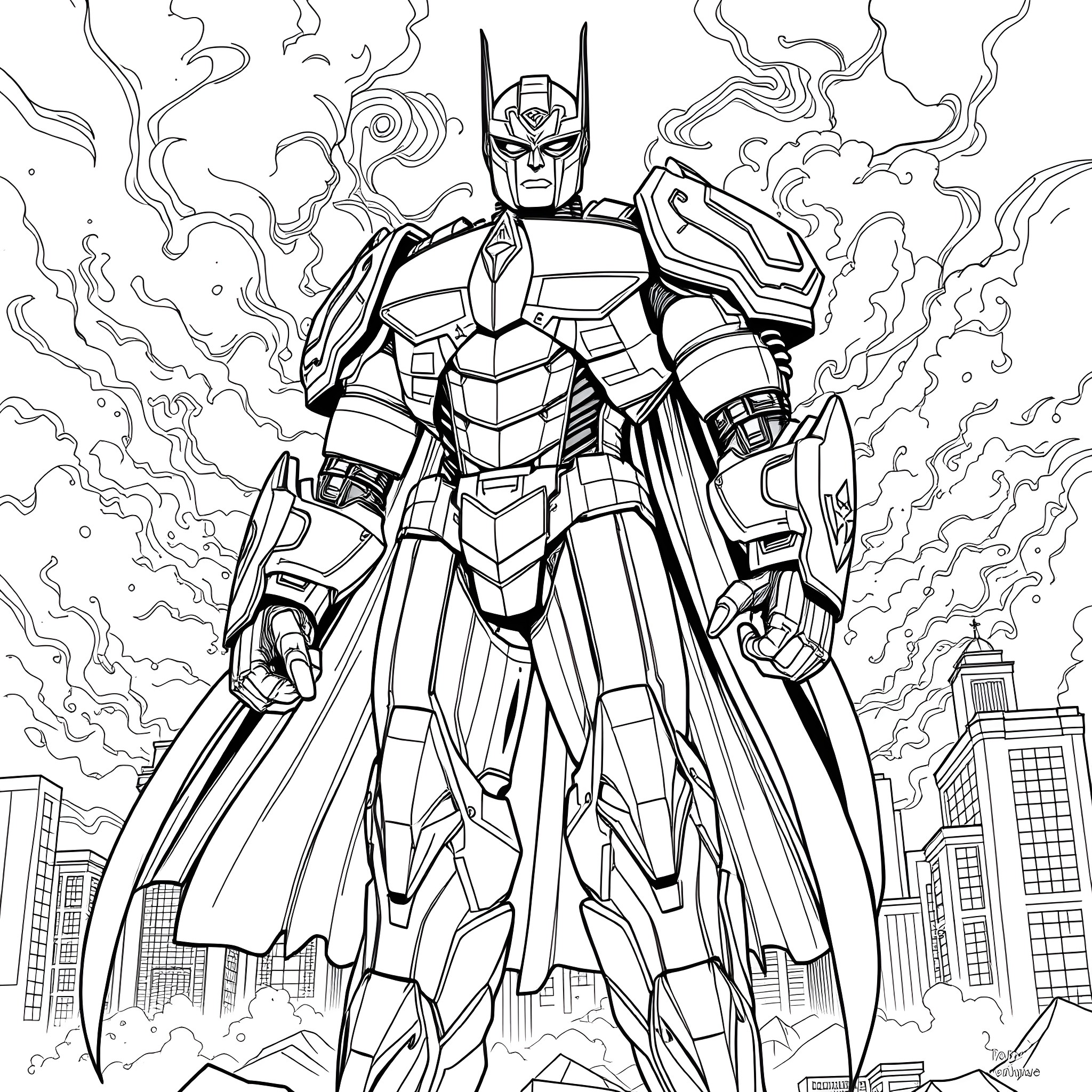 Justice Buster in Heroic Pose Amidst Cityscape Coloring Page (free black-and-white line drawing printable PDF for all, from beginners to advanced learners, including children, teens, adults, and seniors)
