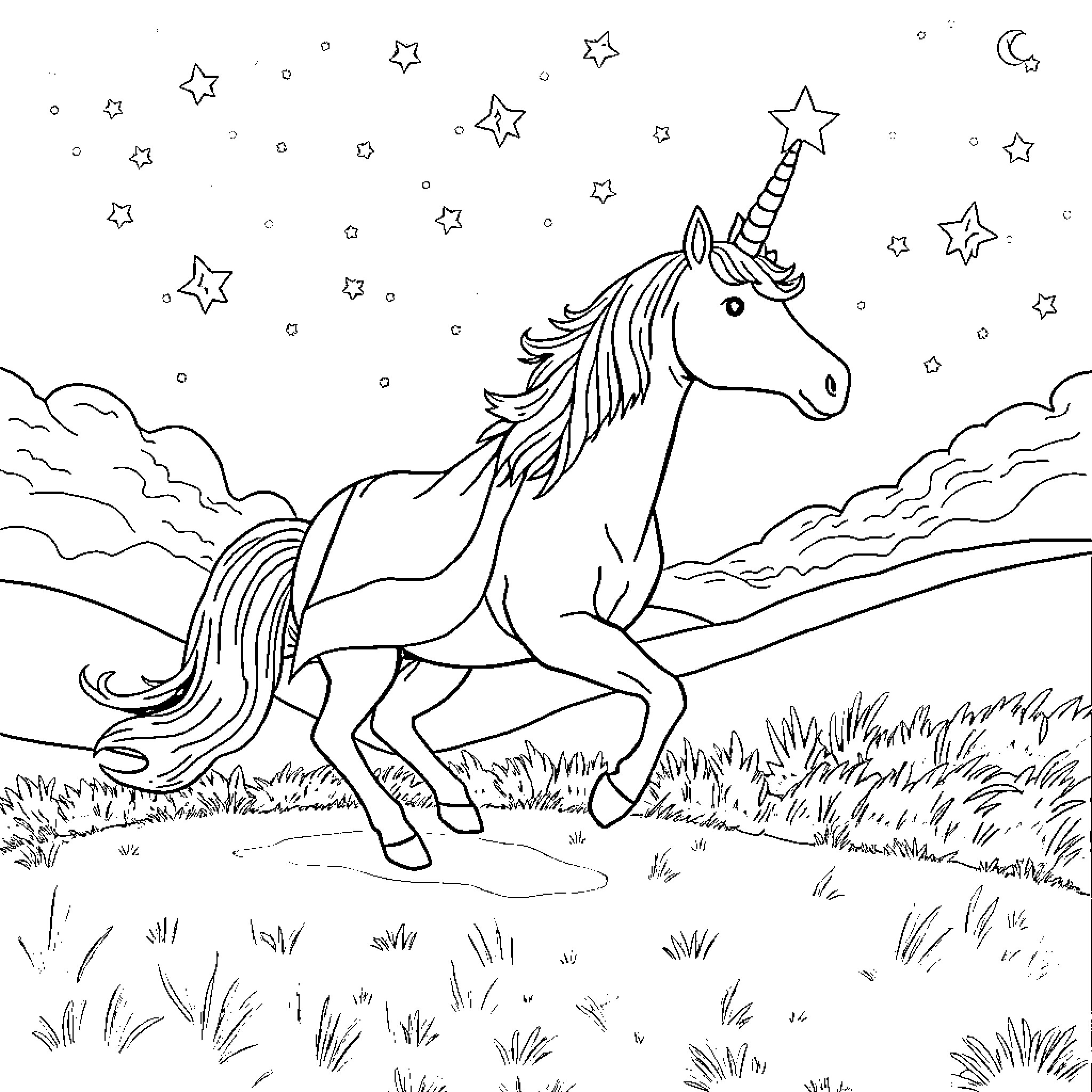 Unicorn galloping among the stars Coloring Page (free black-and-white line drawing printable PDF for all, from beginners to advanced learners, including children, teens, adults, and seniors)