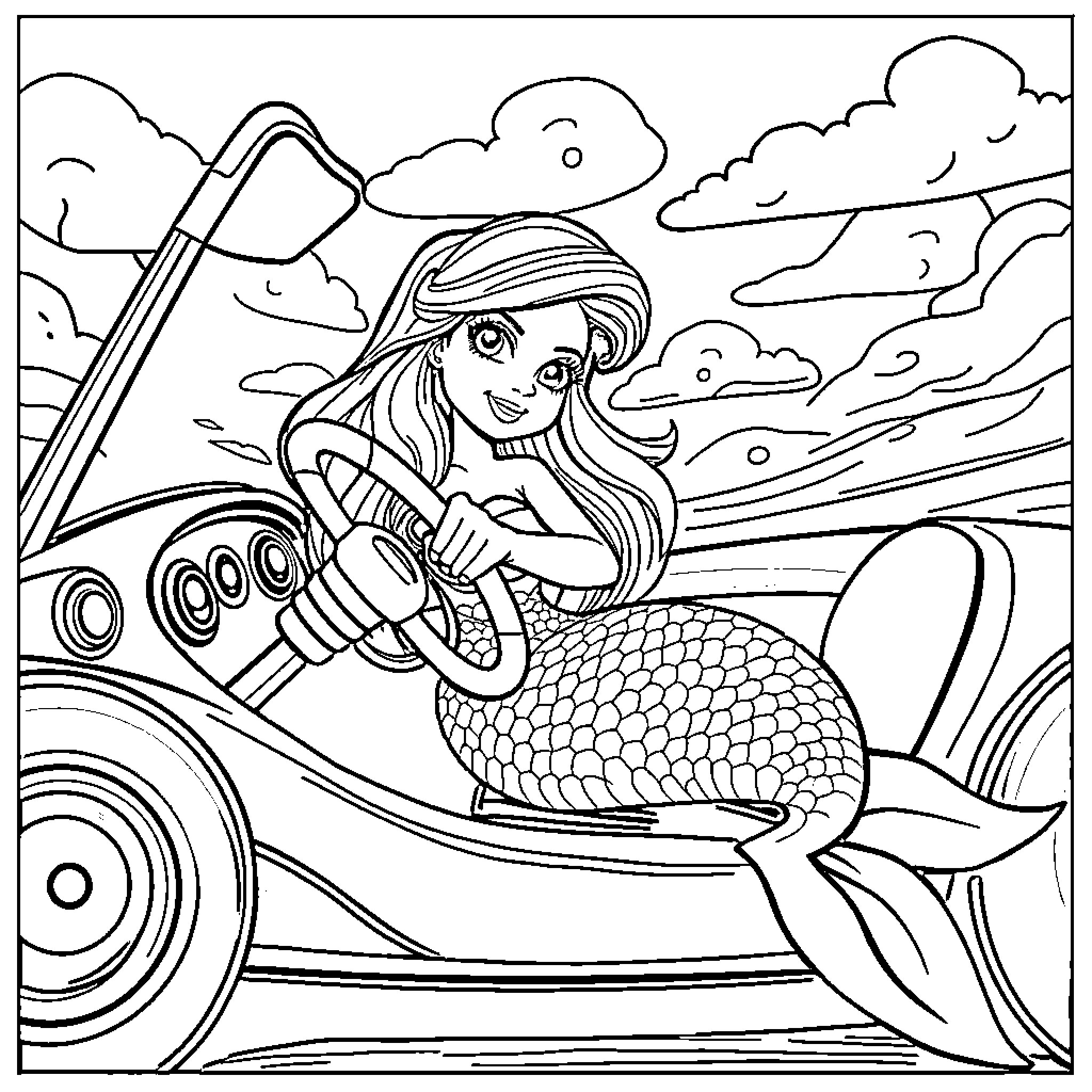 Mermaid riding a motorized vehicle in the ocean Coloring Page (free black-and-white line drawing printable PDF for all, from beginners to advanced learners, including children, teens, adults, and seniors)
