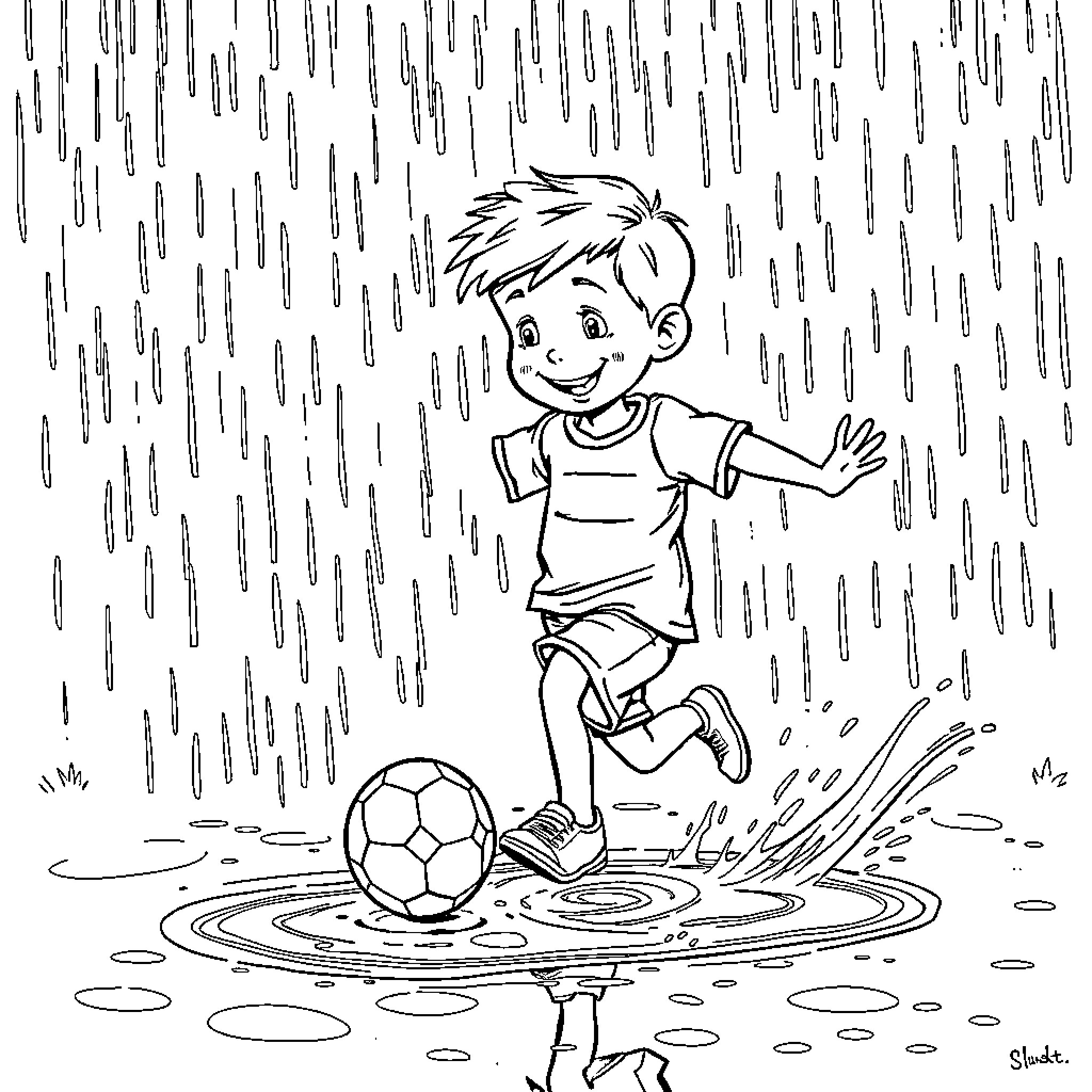 Boy playing soccer in the rain Coloring Page (free black-and-white line drawing printable PDF for all, from beginners to advanced learners, including children, teens, adults, and seniors)