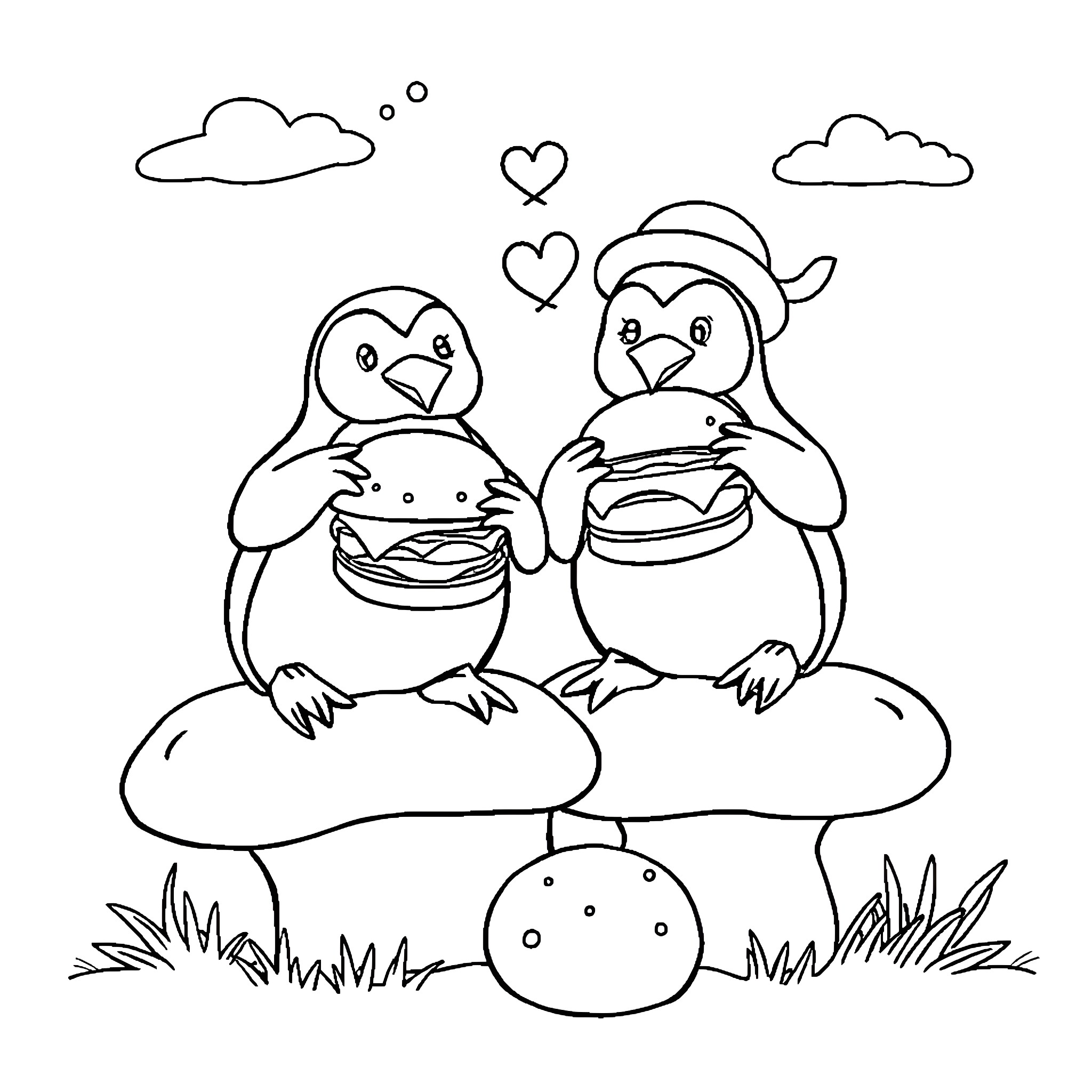 Penguins sharing a picnic in nature Coloring Page (free black-and-white line drawing printable PDF for all, from beginners to advanced learners, including children, teens, adults, and seniors)