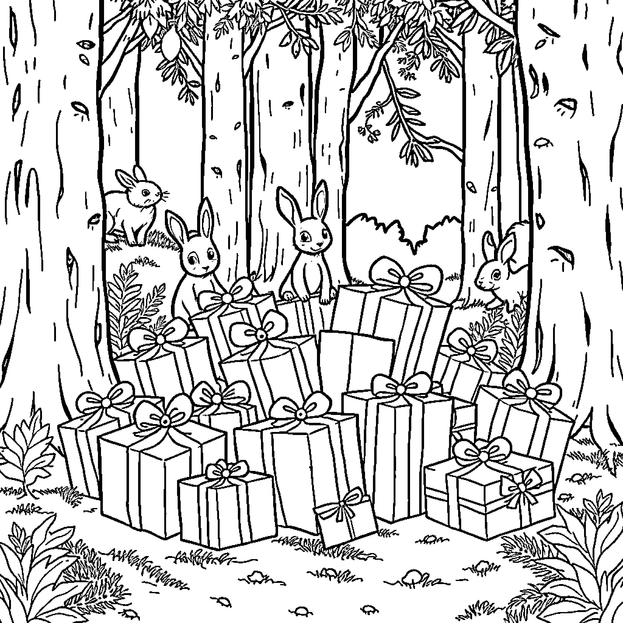 Gift of woodland surprises for rabbits Coloring Page (free black-and-white line drawing printable PDF for all, from beginners to advanced learners, including children, teens, adults, and seniors)